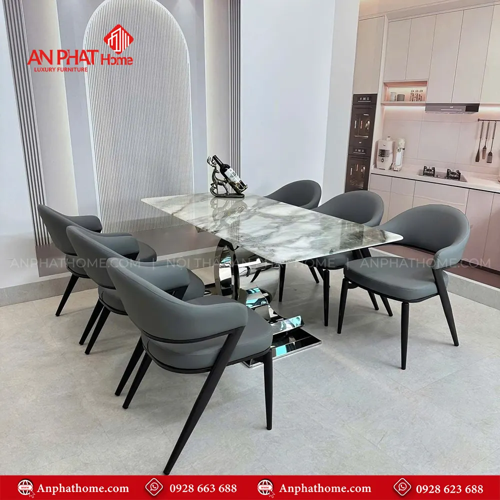 Bộ bàn ăn mặt đá thạch anh cao cấp 6 ghế nhập khẩu BA-2004 13 Bộ bàn ăn mặt đá thạch anh cao cấp 6 ghế nhập khẩu BA-2004, Mặt đá Thạch Anh kết hợp sự sang trọng của inox và sự yêm ai của da Microfiber nhập khẩu
