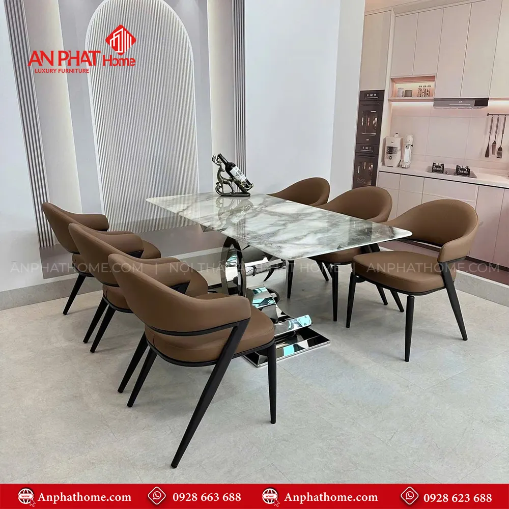 Bộ bàn ăn mặt đá thạch anh cao cấp 6 ghế nhập khẩu BA-2004 15 Ghế da nhập khẩu thiết kế sang trọng, mặt bàn đá thạch anh cao cấp, tạo lên nét đẹp quý phái của bộ bàn ăn