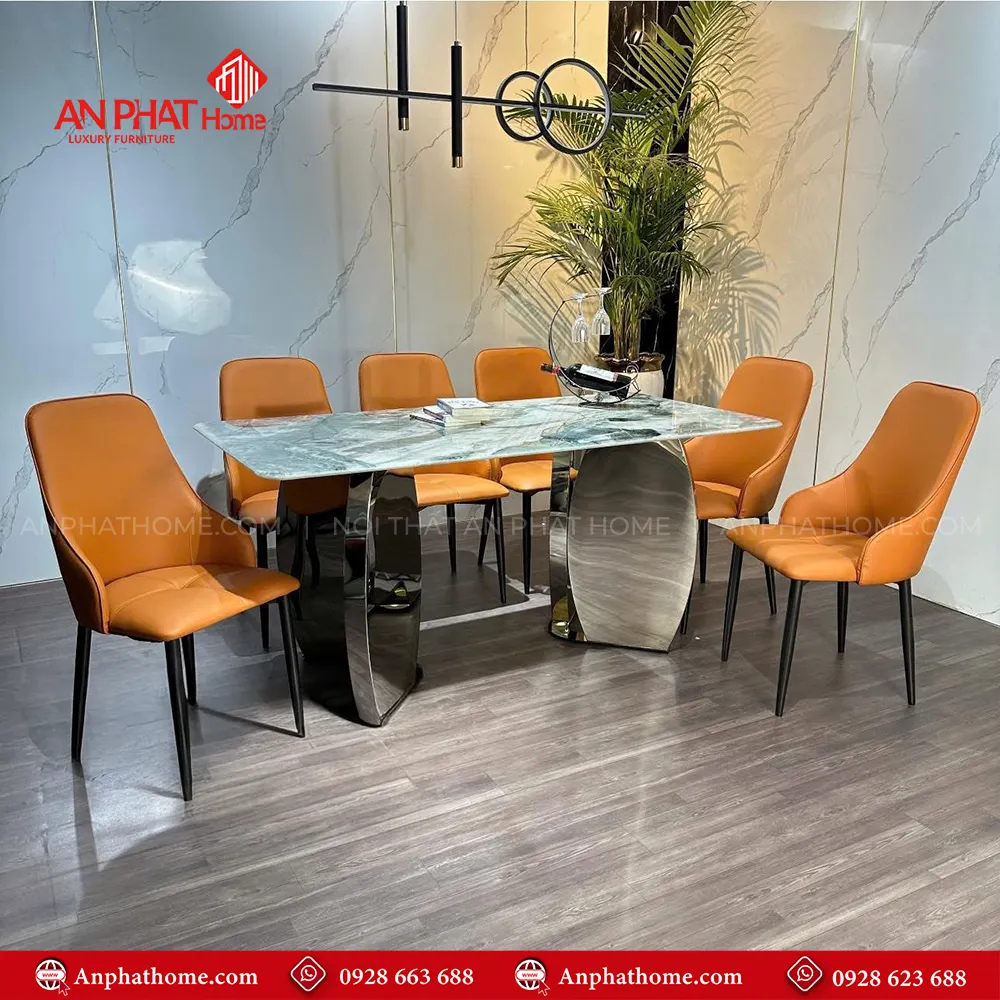 Bộ bàn ăn mặt đá thạch anh ghế da cao cấp BA-1985, Khung inox 6 ghế bọc da Microfiber cao cấp