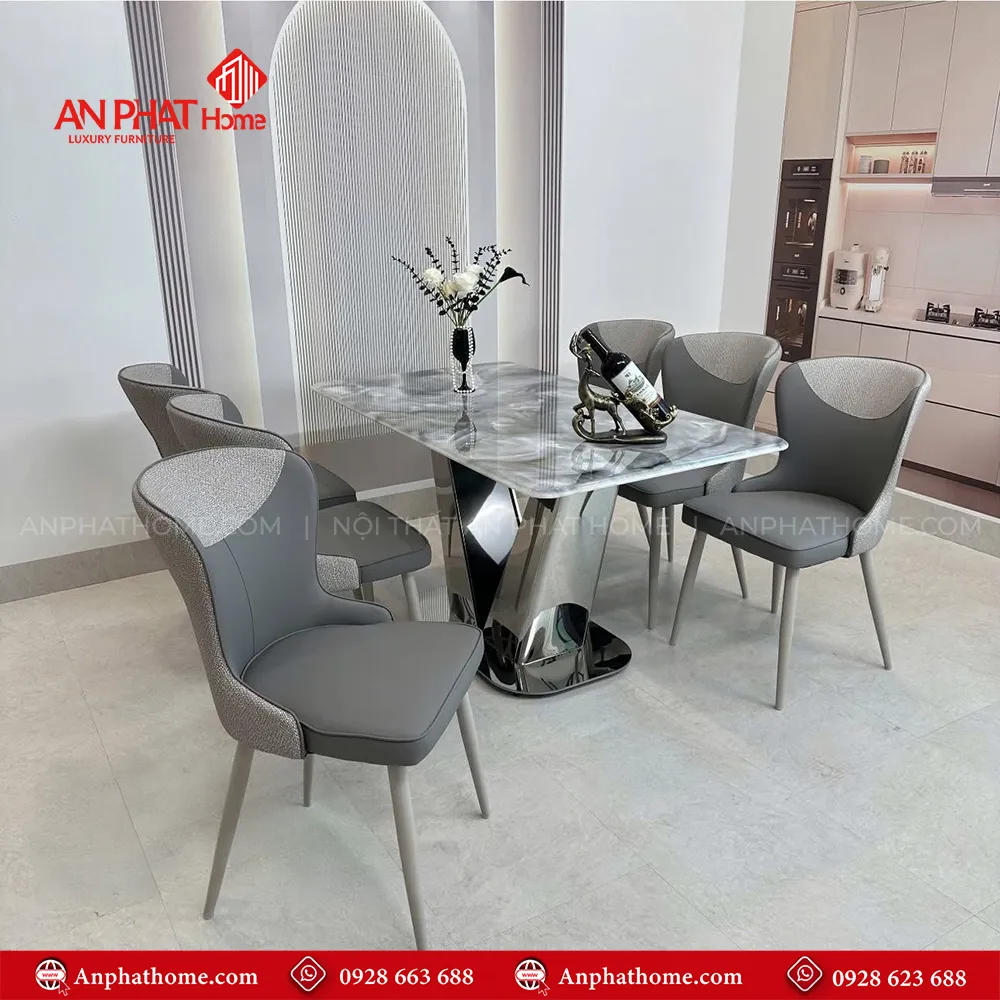 Bộ bàn ăn mặt đá thạch anh ghế da nhập khẩu BA-1957 9 Bộ bàn ăn mặt đá thạch anh ghế da nhập khẩu BA-1957. 6 ghế da cao cấp