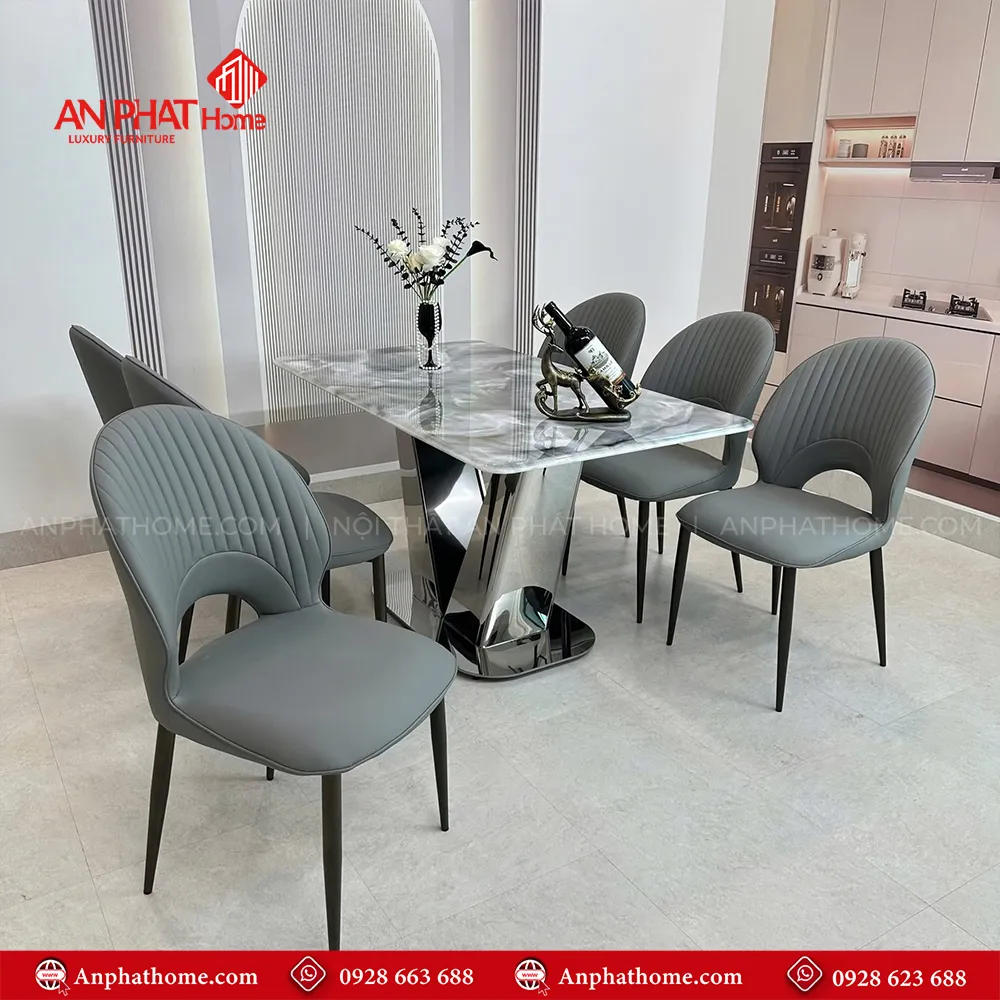 Bộ bàn ăn mặt đá thạch anh ghế da nhập khẩu BA-1957 10 Khung bàn ăn BA-1957 được thiết kế dạng chữ V chịu lực rất tốt, kết hợp ghế da cao cấp đẹp từng chi tiết