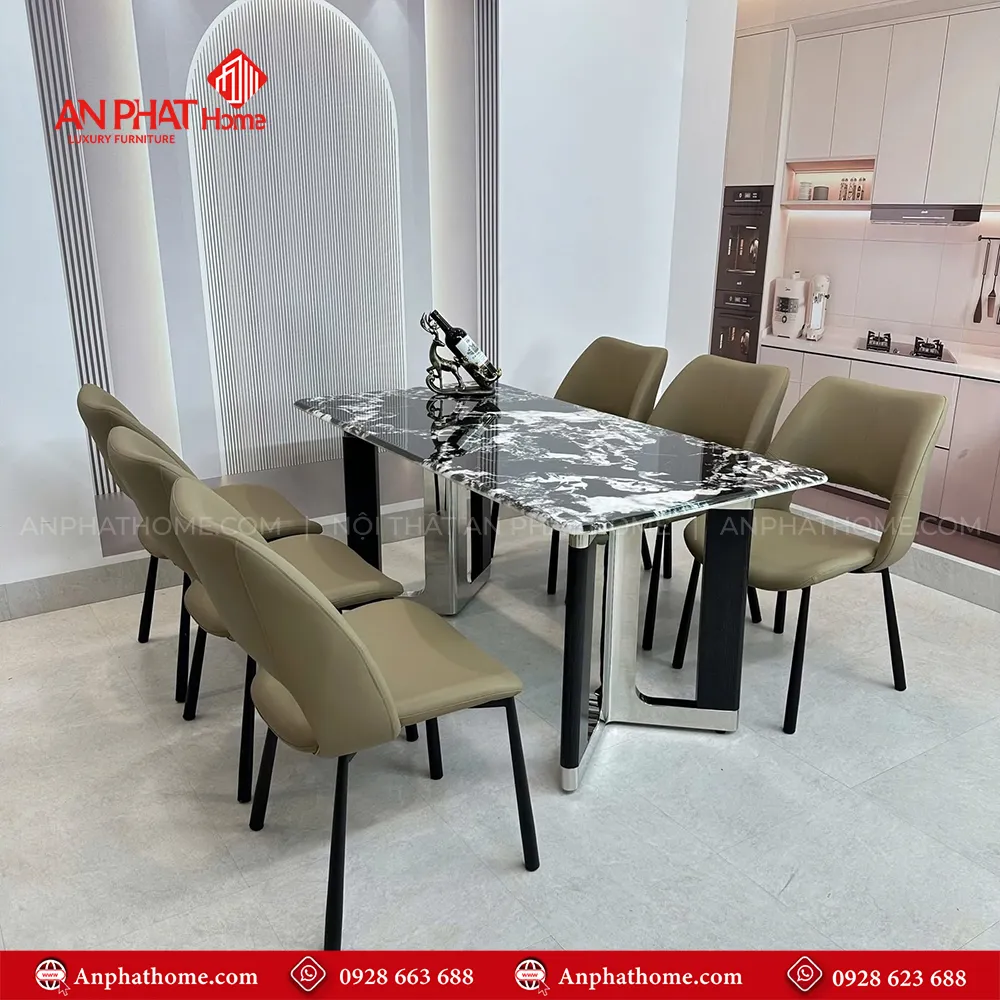 Bộ bàn ăn mặt đá thạch anh kết hợp 6 ghế da nhập khẩu BA-1952 17 Ghế da cao cấp nhập khẩu nguyên chiệc tạon sự hòa quyện tinh tế cùng mặt đá, ngoài ra mặt bàn với đa dạng kích thước từ 1m40cm - 2m20cm quý khách lựa chọn kích thước phù hợp với nhu cầu sử dụng