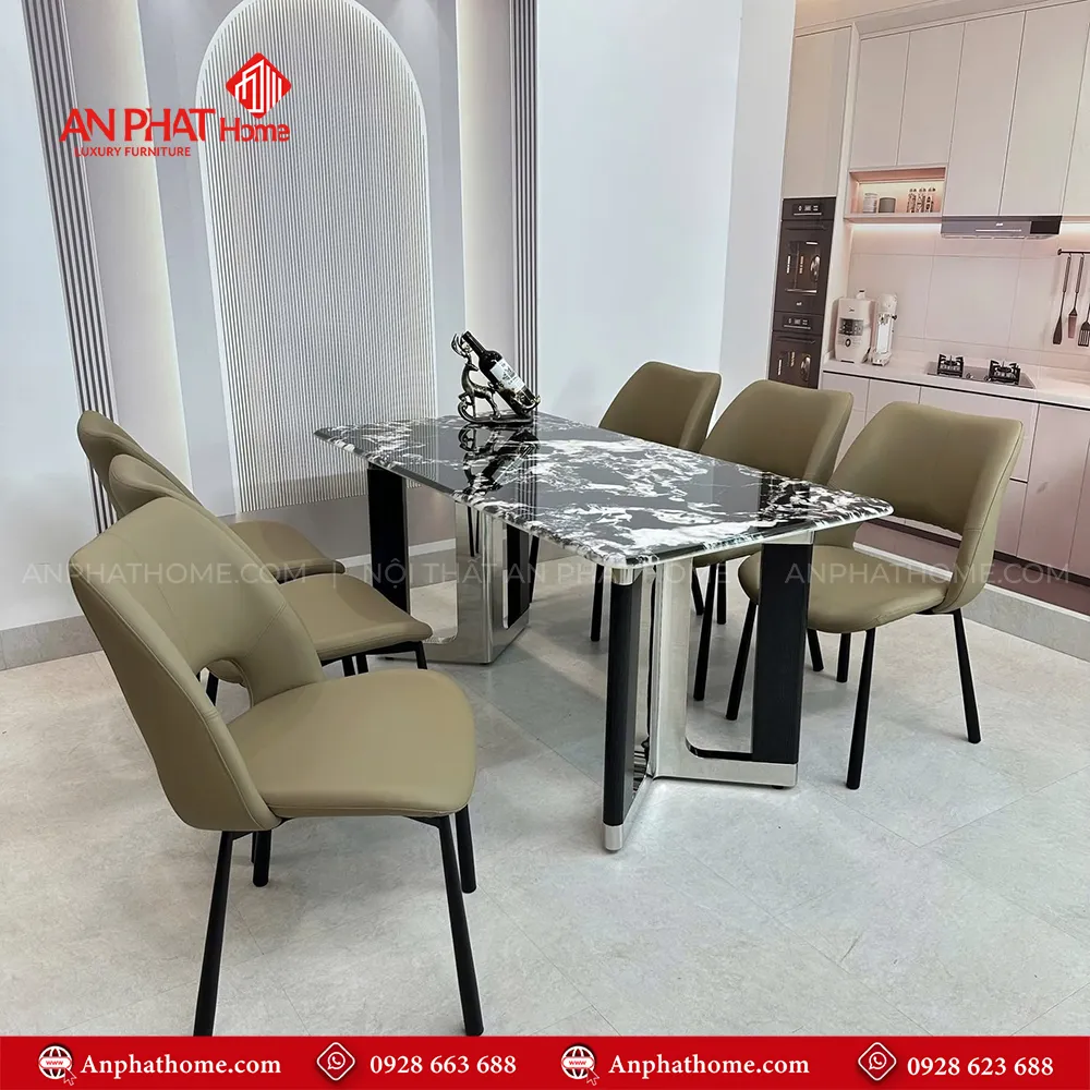Bộ bàn ăn mặt đá thạch anh kết hợp 6 ghế da nhập khẩu BA-1952 16 Bàn ăn BA-1952 là sự kết hợp hài hòa giữa mặt đá thạch anh và khung bàn được làm từ inox mạ titan sang trọng, nhưng không kém phần hiện đại
