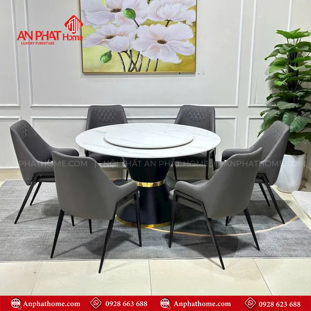 Bộ bàn ăn mặt đá tròn xoay 2 tầng sang trọng BA-1923 18 Bàn ăn BA-1923 kết hợp mặt đá ceramic cao cấp