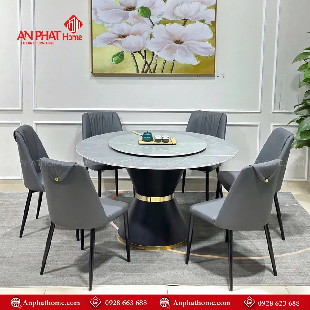 Bộ bàn ăn mặt đá tròn xoay 2 tầng sang trọng BA-1923 15 Bàn có kích thước D130cm – D800cm dành cho 6 – 8 người ngồi