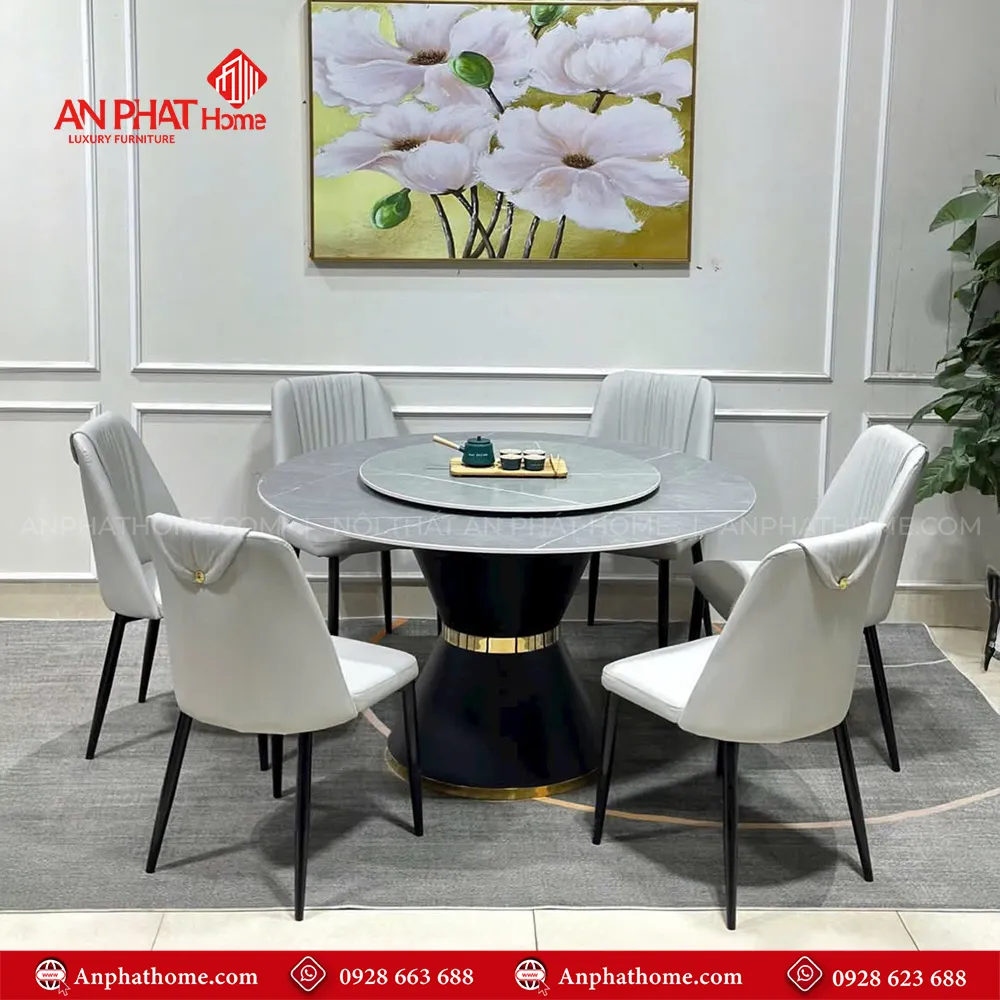 Bộ bàn ăn mặt đá tròn xoay 2 tầng sang trọng BA-1923 14 Chân bàn được làm từ thép viền inox mạ PVD cao cấp chống han rỉ