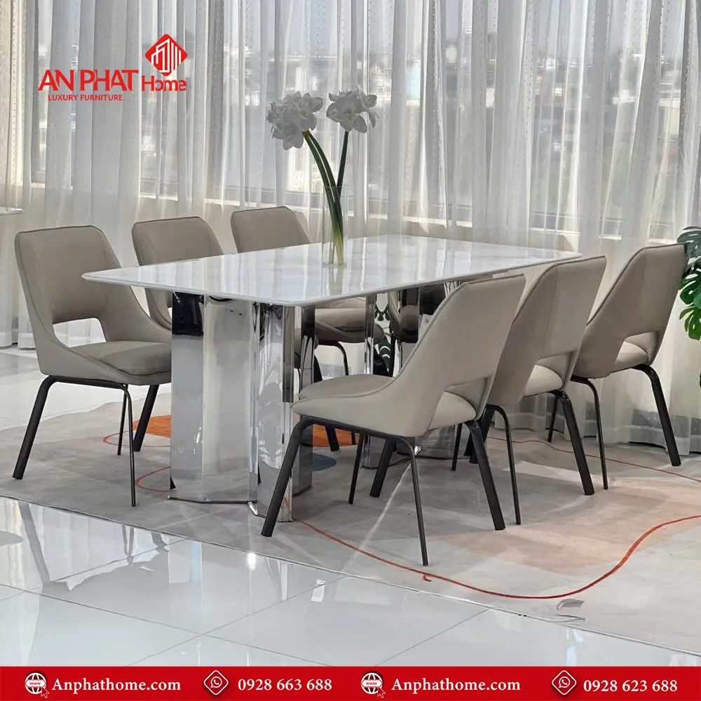 Bộ bàn ăn nhập khẩu 6 ghế da cao cấp BA-1967 13 Bàn ăn BA-1967 thiết kế chân uốn cong mang lại thẩm mỹ hiện đại sang trọng, kết hợp khung mạ titan sang trọng