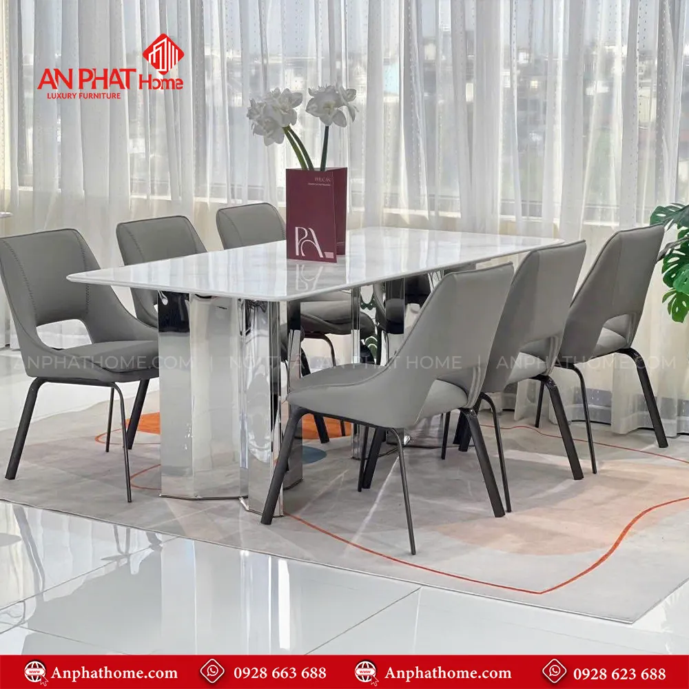 Bộ bàn ăn nhập khẩu 6 ghế da cao cấp BA-1967 12 Bộ bàn ăn BA-1967 khung inox kết hợp mặt đá thạch anh cao cấp