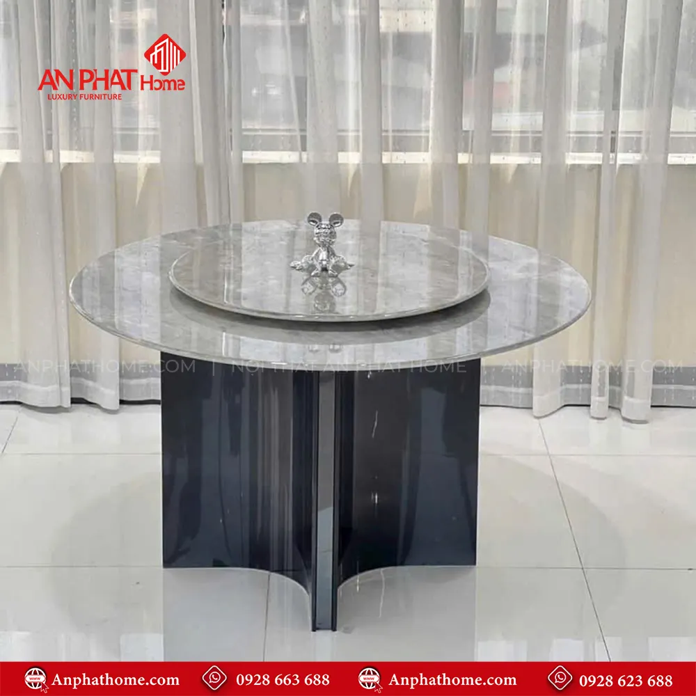 Bộ bàn ăn tròn mặt đá xoay 6 ghế nhập khẩu BA-2003 11 bàn ăn thiết kế hiện đại inox tráng gương kết hợp mặt đá thạch anh cao cấp