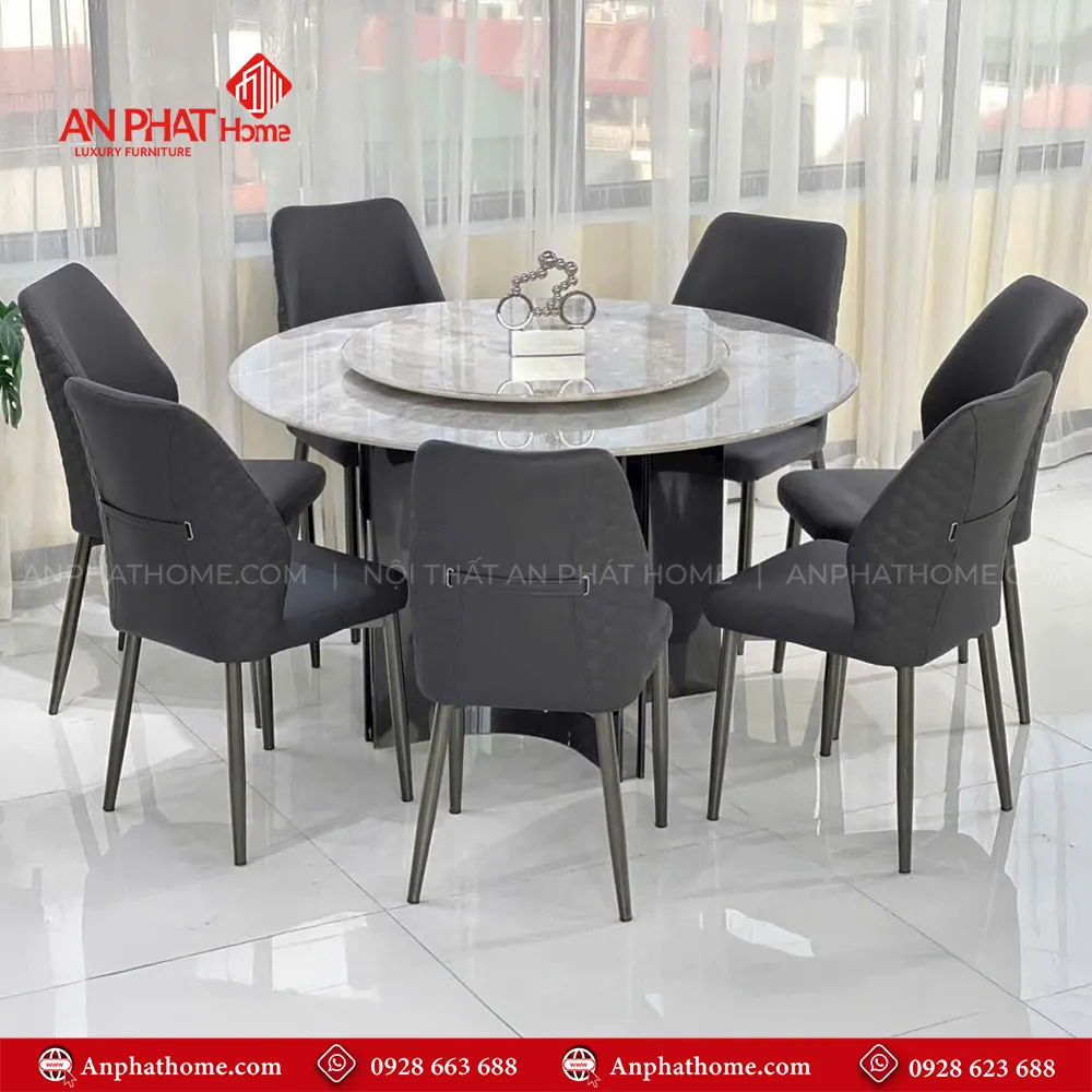 Bộ bàn ăn tròn mặt đá xoay 6 ghế nhập khẩu BA-2003 9 Bộ bàn ăn tròn mặt đá xoay 6 ghế nhập khẩu BA-2003, Mặt đá Ceramic kết hợp sự sang trọng của inox và sự yêm ai của da Microfiber nhập khẩu