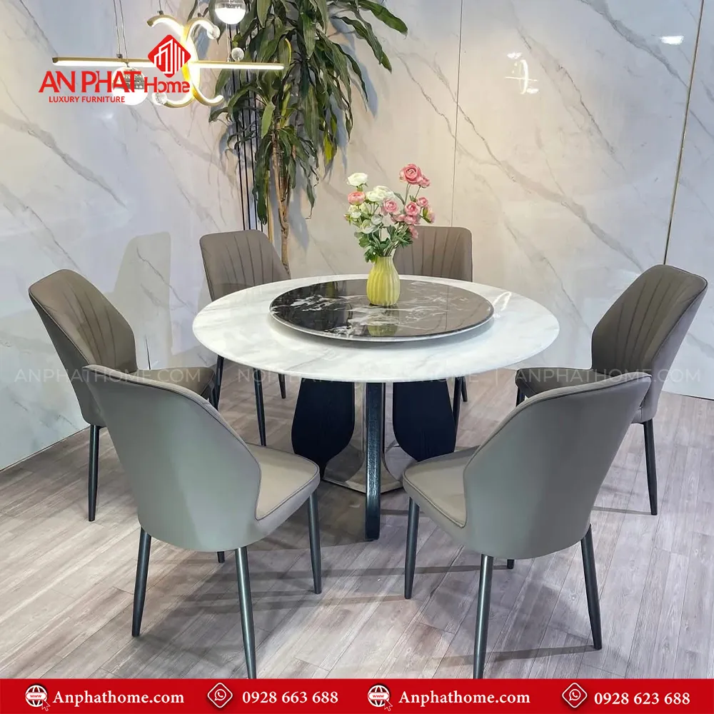 Bộ bàn ăn tròn xoay mặt đá thạch anh 6 ghế BA-1974