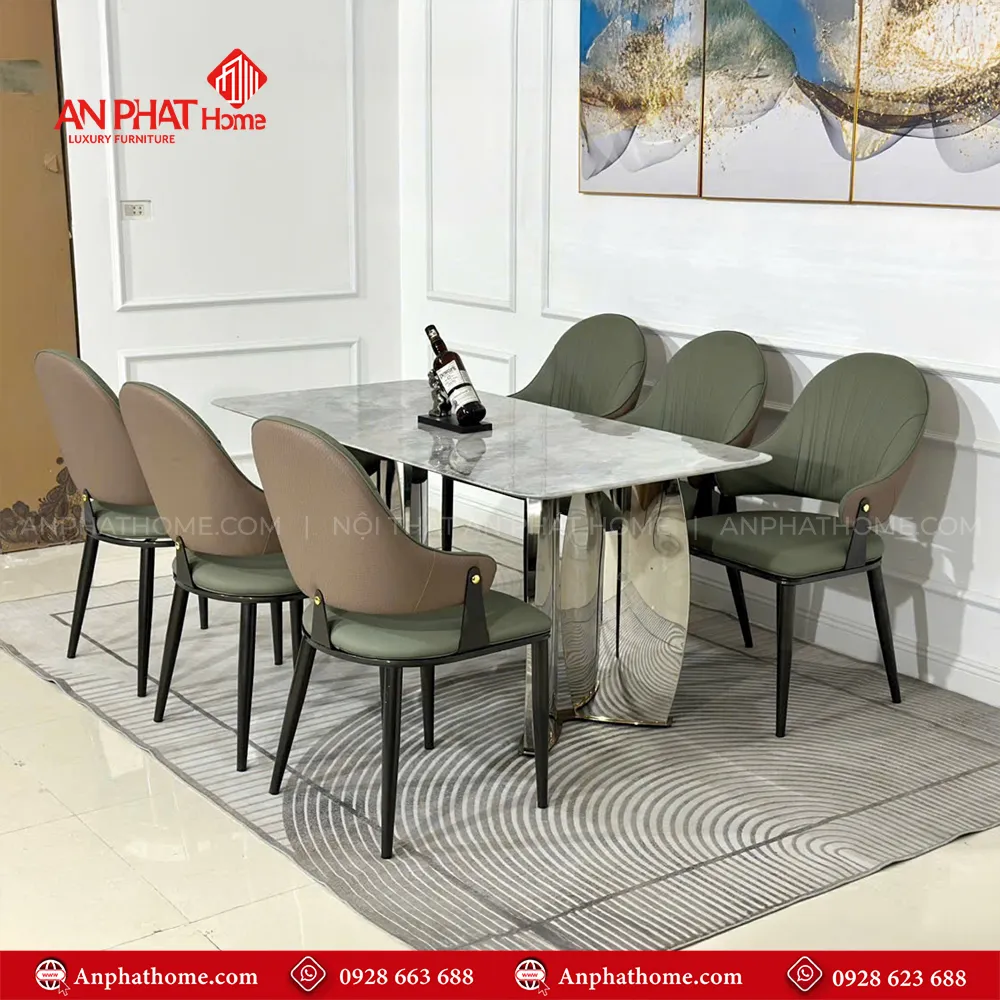 Bộ bàn ghế ăn cao cấp BA-1945 14 bộ bàn ăn kết hợp nhiều màu ghế khác nhau