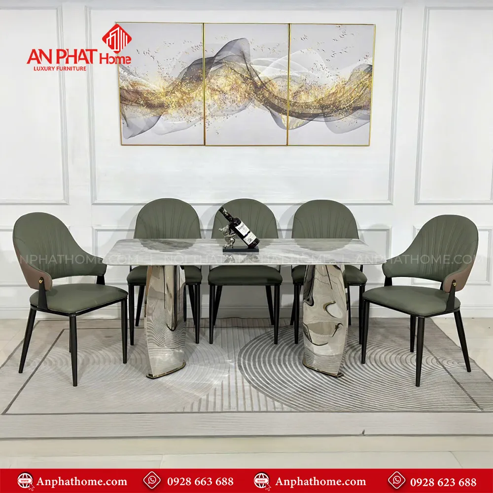 Bộ bàn ghế ăn cao cấp BA-1945 13 Bộ bàn ghế ăn BA-1945 đa dạng kích thước mặt bàn từ dài 1m40cm - 2m20 kê từ 4 - 8... ghế tùy theo nhu cầu sử dụng