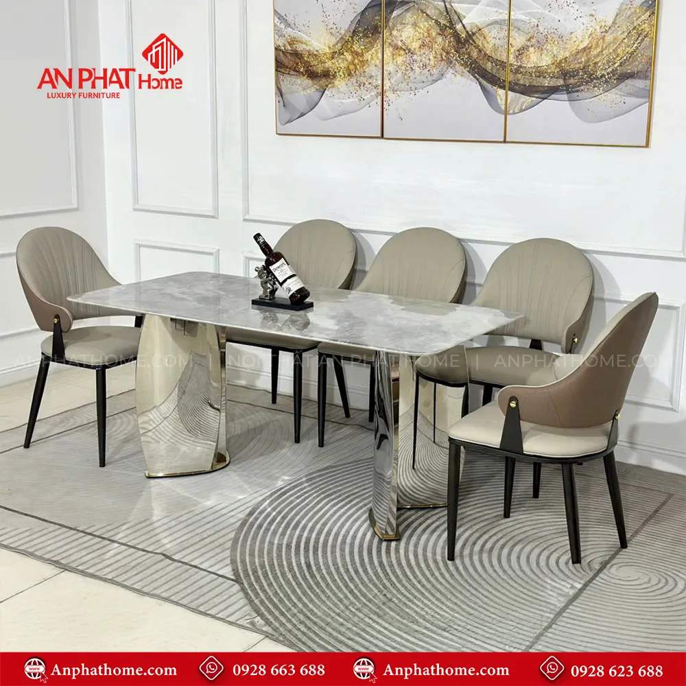Bộ bàn ghế ăn cao cấp BA-1945 12 Bộ bàn ghế ăn cao cấp BA-1945 chân inox sáng bóng sang trọng, kết hợp mặt đá thạch anh cao cấp