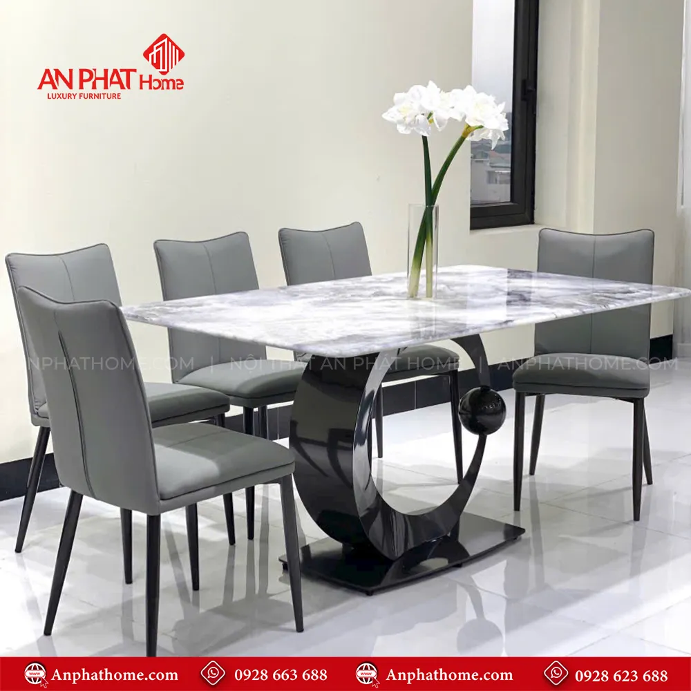 Bộ bàn ghế ăn cao cấp nhập khẩu BA-1954 10 Mặt bàn đá thạch anh kết hợp khung mạ titan cao cấp, cùng ghế da nhập khẩu
