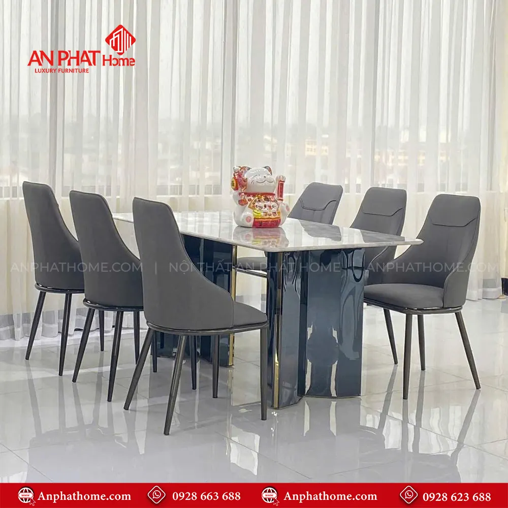 Bộ bàn ghế ăn cao cấp nhập khẩu BA-1994 11 Ghế da nhập khẩu thiết kế sang trọng, mặt bàn đá thạch anh cao cấp, tạo lên nét đẹp quý phái của bộ bàn ăn