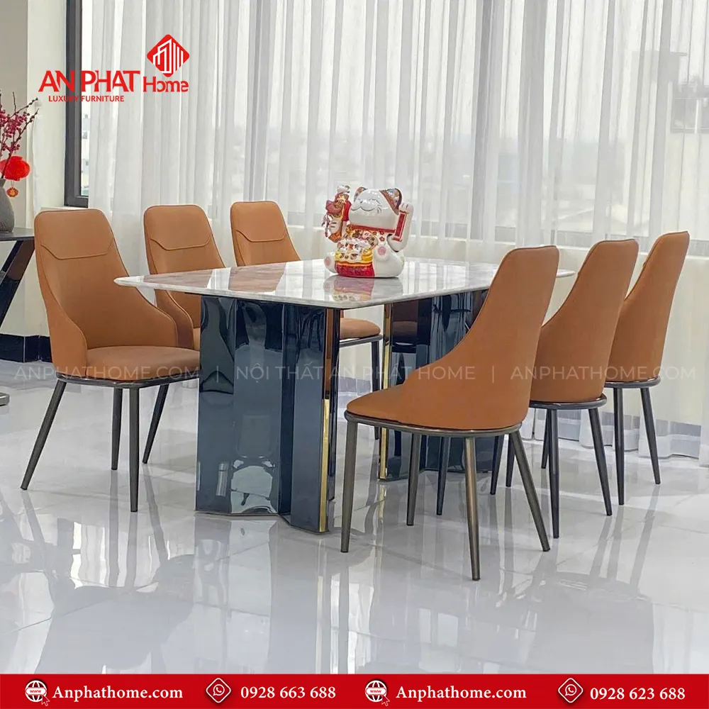 Bộ bàn ghế ăn cao cấp nhập khẩu BA-1994 9 Bộ bàn ghế ăn cao cấp nhập khẩu BA-1994, Mặt bàn đá thạch anh,Khung inox 6 ghế bọc da Microfiber cao cấp