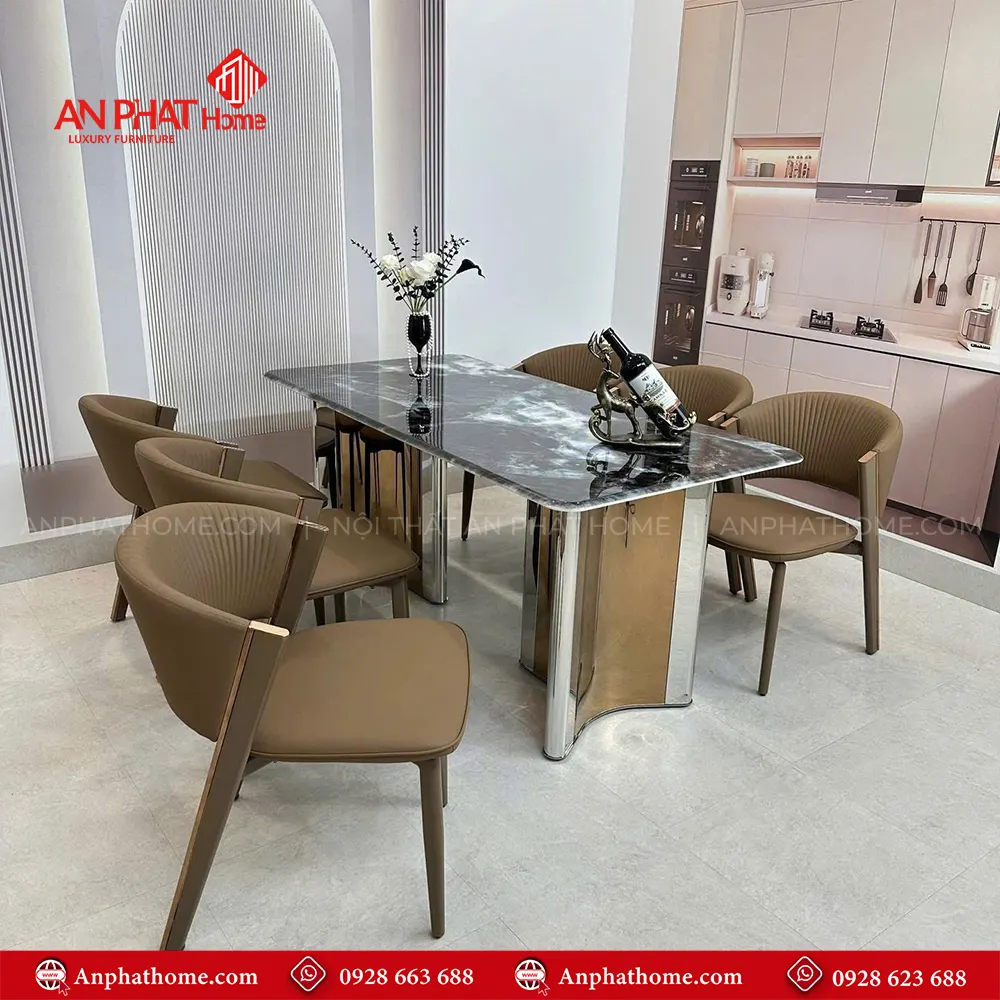 Bộ bàn ghế ăn cao cấp nhập khẩu BA-2001 11 Bộ bàn ghế ăn cao cấp nhập khẩu BA-2001, Mặt đá Thạch Anh kết hợp sự sang trọng của inox và sự yêm ai của da Microfiber nhập khẩu