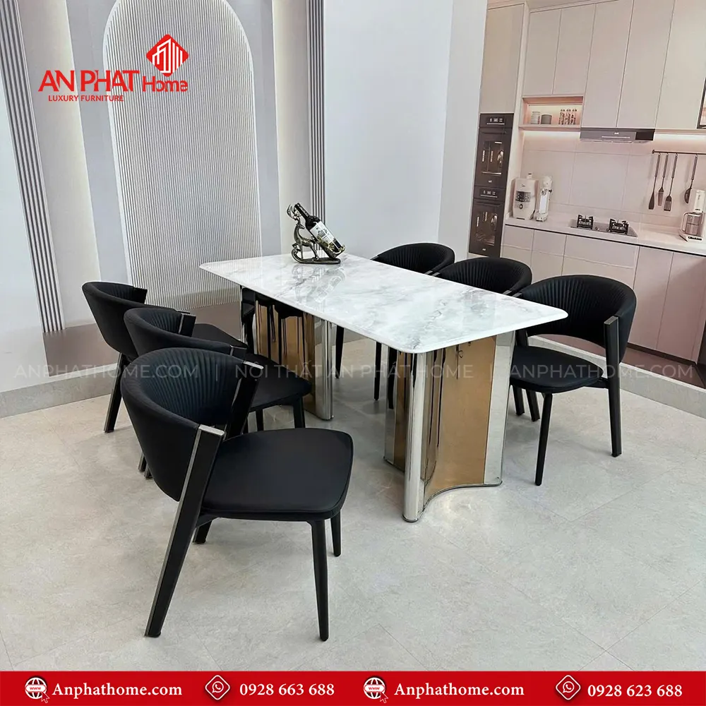 Bộ bàn ghế ăn cao cấp nhập khẩu BA-2001 13 Ghế da nhập khẩu thiết kế sang trọng, mặt bàn đá thạch anh cao cấp, tạo lên nét đẹp quý phái của bộ bàn ăn