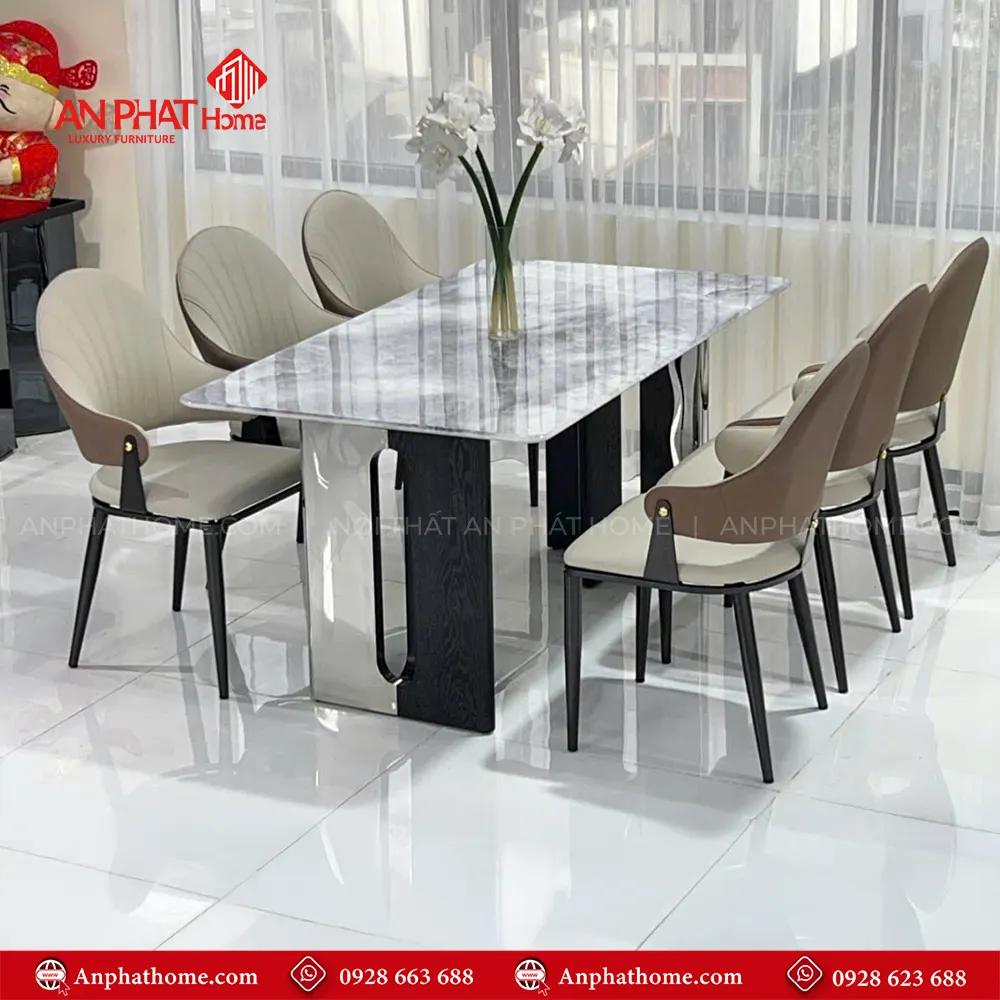 Bộ bàn ghế ăn cao cấp nhập khẩu BA-2006 10 Bộ bàn ghế ăn cao cấp nhập khẩu BA-2006, Mặt đá Thạch Anh kết hợp sự sang trọng của inox và sự yêm ai của da Microfiber nhập khẩu