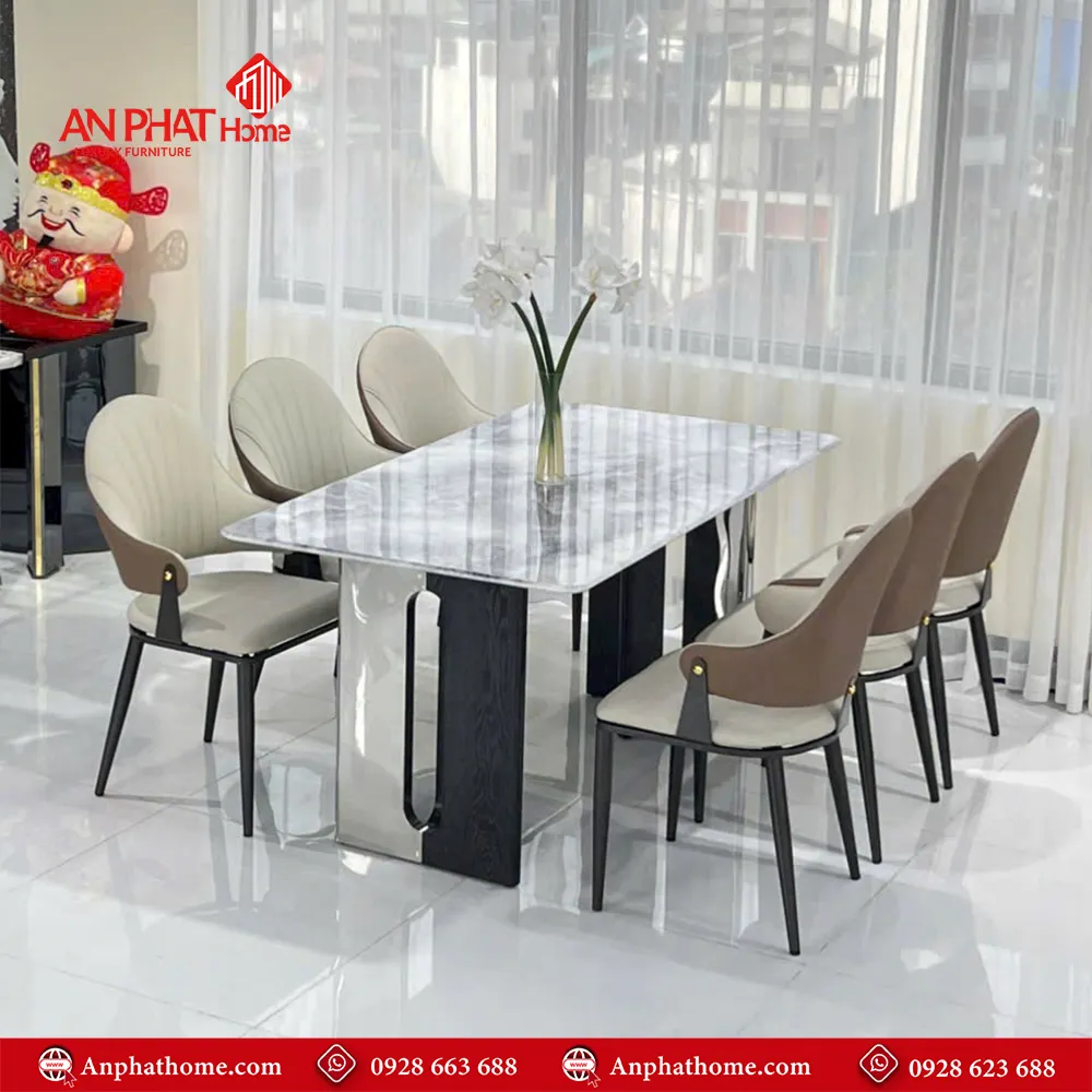 Bộ bàn ghế ăn cao cấp nhập khẩu BA-2006 9 Bộ bàn ghế ăn cao cấp nhập khẩu BA-2006, Mặt đá Thạch Anh kết hợp sự sang trọng của inox và sự yêm ai của da Microfiber nhập khẩu