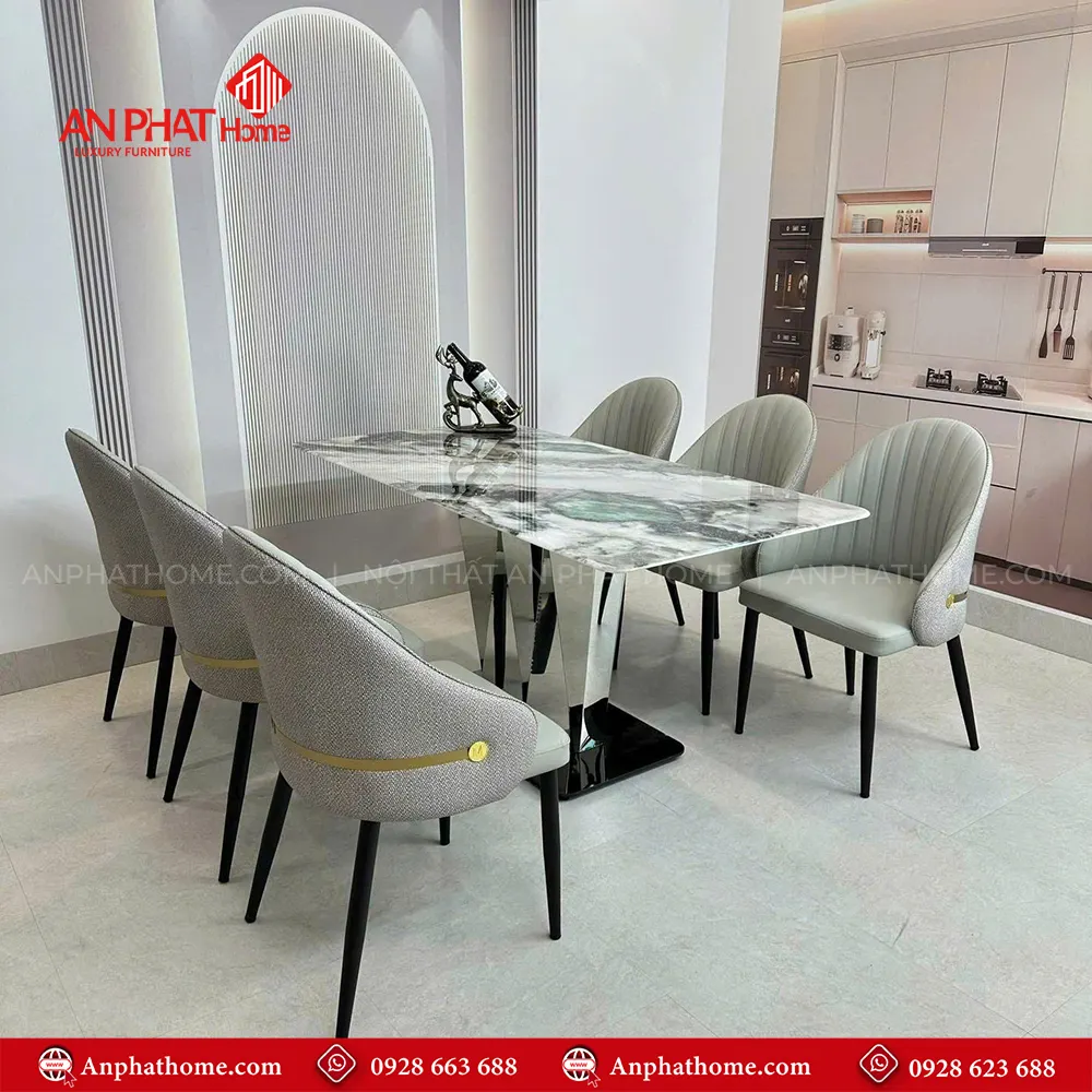 Bộ bàn ghế ăn inox mặt đá 6 ghế nhập khẩu BA-1993 13 Ghế da nhập khẩu thiết kế sang trọng, mặt bàn đá thạch anh cao cấp, tạo lên nét đẹp quý phái của bộ bàn ăn