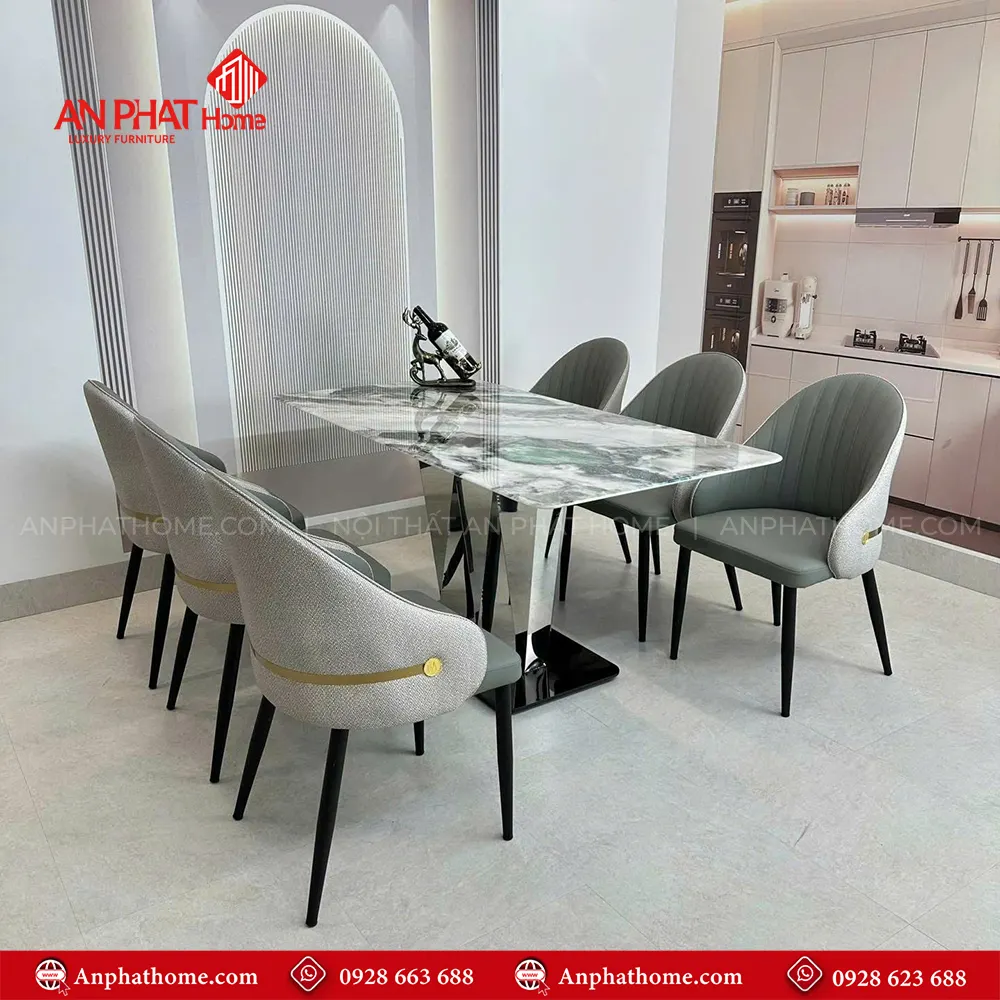 Bộ bàn ghế ăn inox mặt đá 6 ghế nhập khẩu BA-1993 11 Bộ bàn ghế ăn inox mặt đá 6 ghế nhập khẩu BA-1993, Khung inox 6 ghế bọc da Microfiber cao cấp
