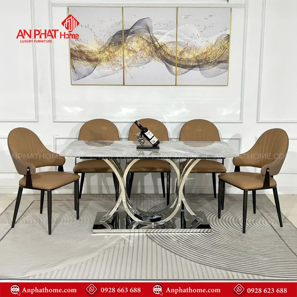 Bộ bàn ghế ăn khung inox nhập khẩu BA-1946 7 Bộ bàn ghế ăn khung inox nhập khẩu BA-1946 khung inox sáng bóng kết hợp mặt đá vi tinh thể thạch anh, phù hợp với mọi không gian