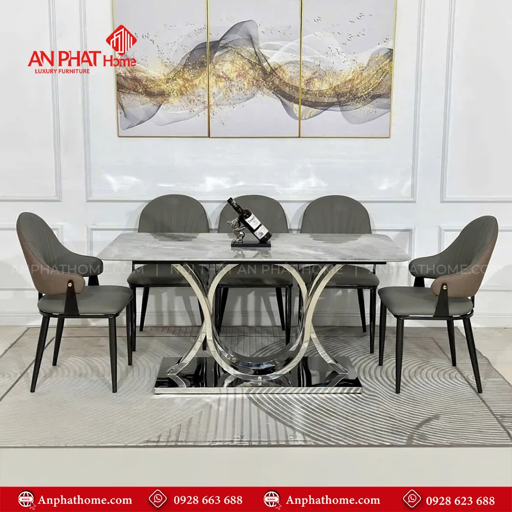 Bộ bàn ghế ăn khung inox nhập khẩu BA-1946 8 Mẫu bàn ăn BA-1946 có nhiều kích thước dài từ 1m40 - 2m20 có thể ngồi từ 4 ghế - 8 ghế tùy theo nhu cầu sử dụng