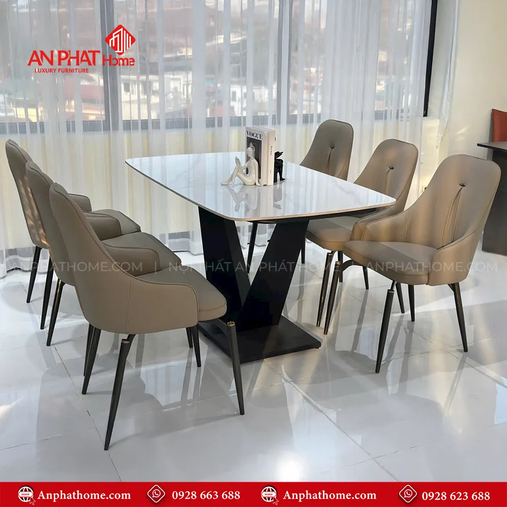 Bộ bàn ghế ăn mặt đá BA-1969 13 kích thước mặt bàn đa dạng từ dài 1m20 – 1m80 có thể ngồi từ 4 – 8 người tùy từng không gian