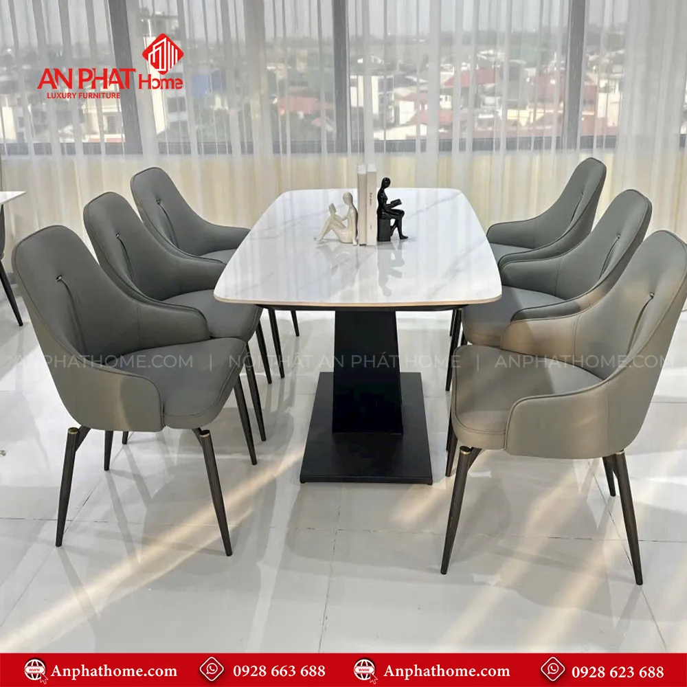 Bộ bàn ghế ăn mặt đá BA-1969 12 Bộ bàn ghế hiện đại BA-1969 kết hợp mặt bàn đá, Ceramic sang trọng, trân bàn hình chữ V sơn tĩnh điện