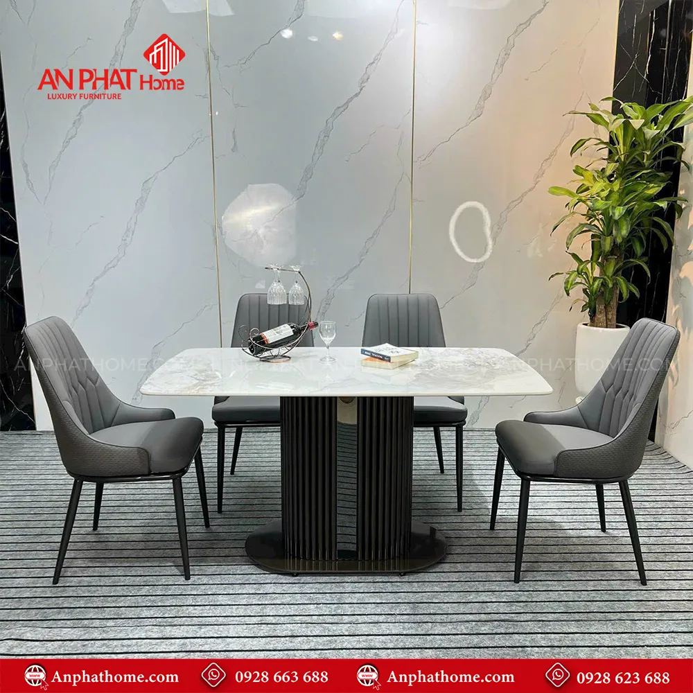 Bộ bàn ghế ăn mặt đá cao cấp 4 ghế BA-1962 13 Mặt bàn đá thạch anh kết hợp chân bàn inox mạ titan tráng gương