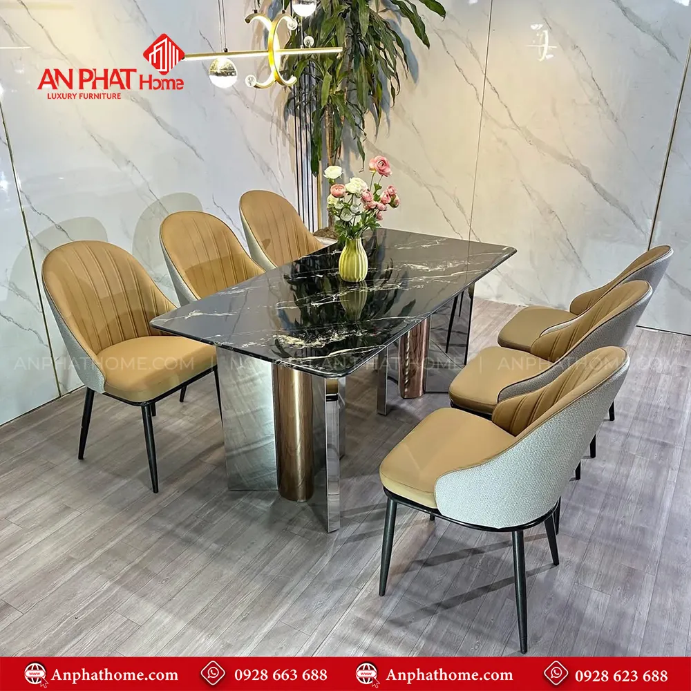 Bộ bàn ghế ăn mặt đá cao cấp khung inox ghế da BA-2020, Mặt đá Thạch Anh kết hợp sự sang trọng của inox và sự yêm ai của da Microfiber nhập khẩu