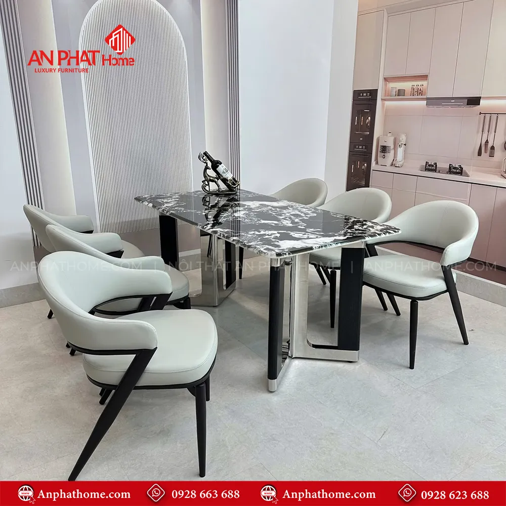 Bộ bàn ghế ăn mặt đá cao cấp nhập khẩu BA-1953 8 với kích thước mặt bàn từ 1m40 - 2m20 ngồi từ 6 - 8 ghế giúp quý khách rễ ràng lựa chọn để phù hợp với nhu cầu sử dụng