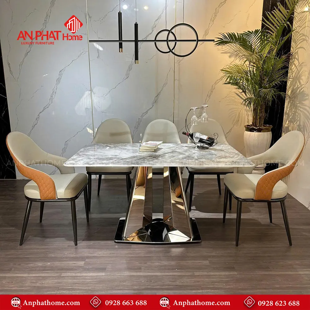 Bộ bàn ghế ăn mặt đá cao cấp nhập khẩu BA-2014 9 Bộ bàn ghế ăn mặt đá cao cấp nhập khẩu BA-2014, Mặt đá Thạch Anh kết hợp sự sang trọng của inox và sự yêm ai của da Microfiber nhập khẩu