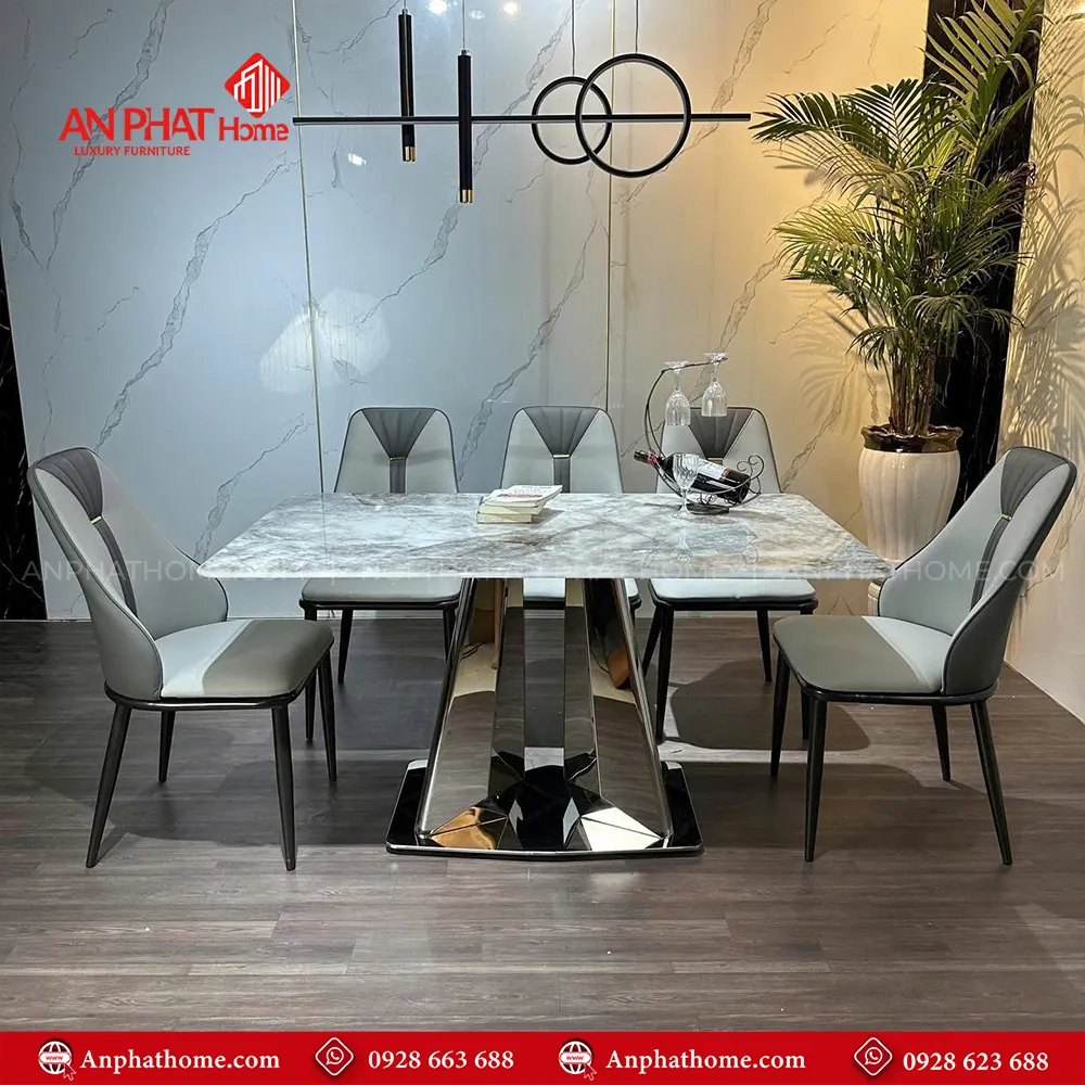 Bộ bàn ghế ăn mặt đá cao cấp nhập khẩu BA-2014 10 Chân bàn thiết kế vô cùng sang trọng, mặt bàn đá thạch anh với nhiều kích thước đa dạng từ 1m40 – 2m20 quý khách có thể lựa chọn mua thêm số lượng ghế, tùy theo nhu cầu sử dụng.