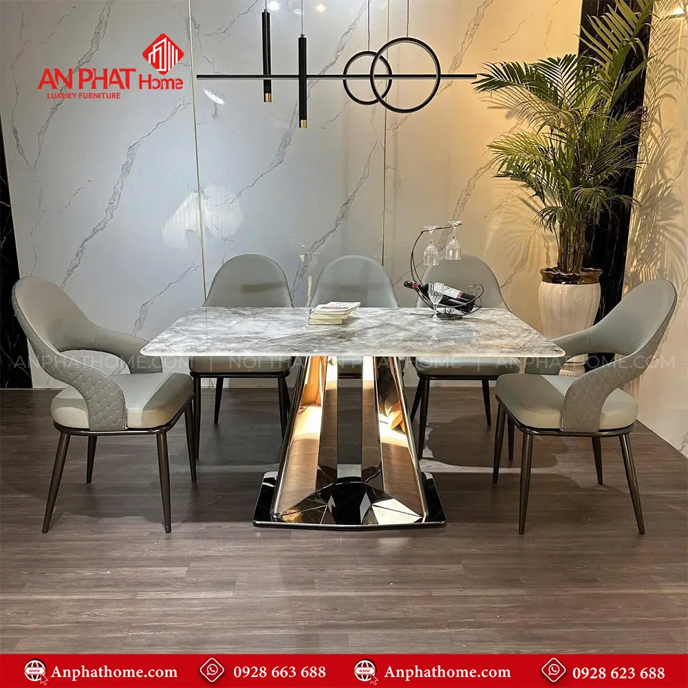 Bộ bàn ghế ăn mặt đá cao cấp nhập khẩu BA-2014 11 Ghế da nhập khẩu thiết kế sang trọng, mặt bàn đá thạch anh cao cấp, tạo lên nét đẹp quý phái của bộ bàn ăn