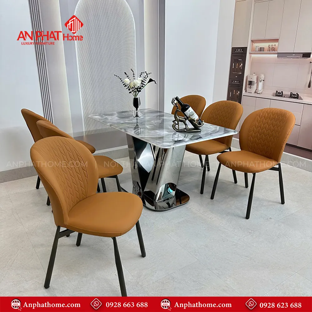 Bộ bàn ghế ăn mặt đá chân inox sang trọng BA-1964 14 Chân bàn ăn chữ V tạo sự chắc chắn chịu lực tốt cho mặt bàn, mạ inox sang trọng
