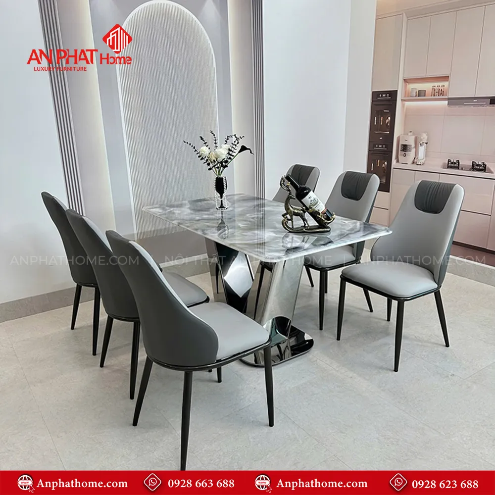 Bộ bàn ghế ăn mặt đá chân inox sang trọng BA-1964 15 Mặt bàn đá thạch anh kết hợp những mã ghế da cao cấp tạo sự êm ái nâng niu cho từng bữa ăn