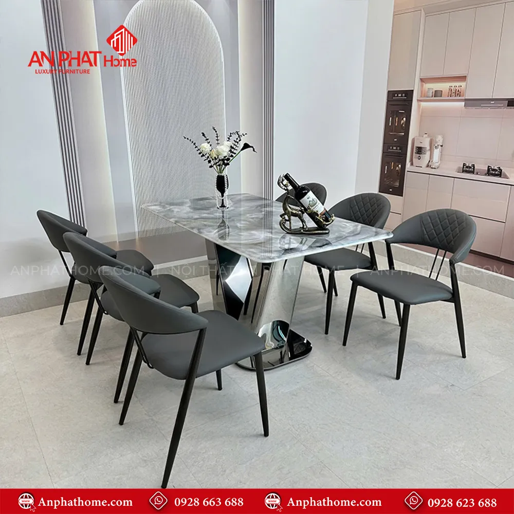 Bộ bàn ghế ăn mặt đá chân inox sang trọng BA-1964 13 Bộ bàn ghế ăn mặt đá chân inox sang trọng BA-1964