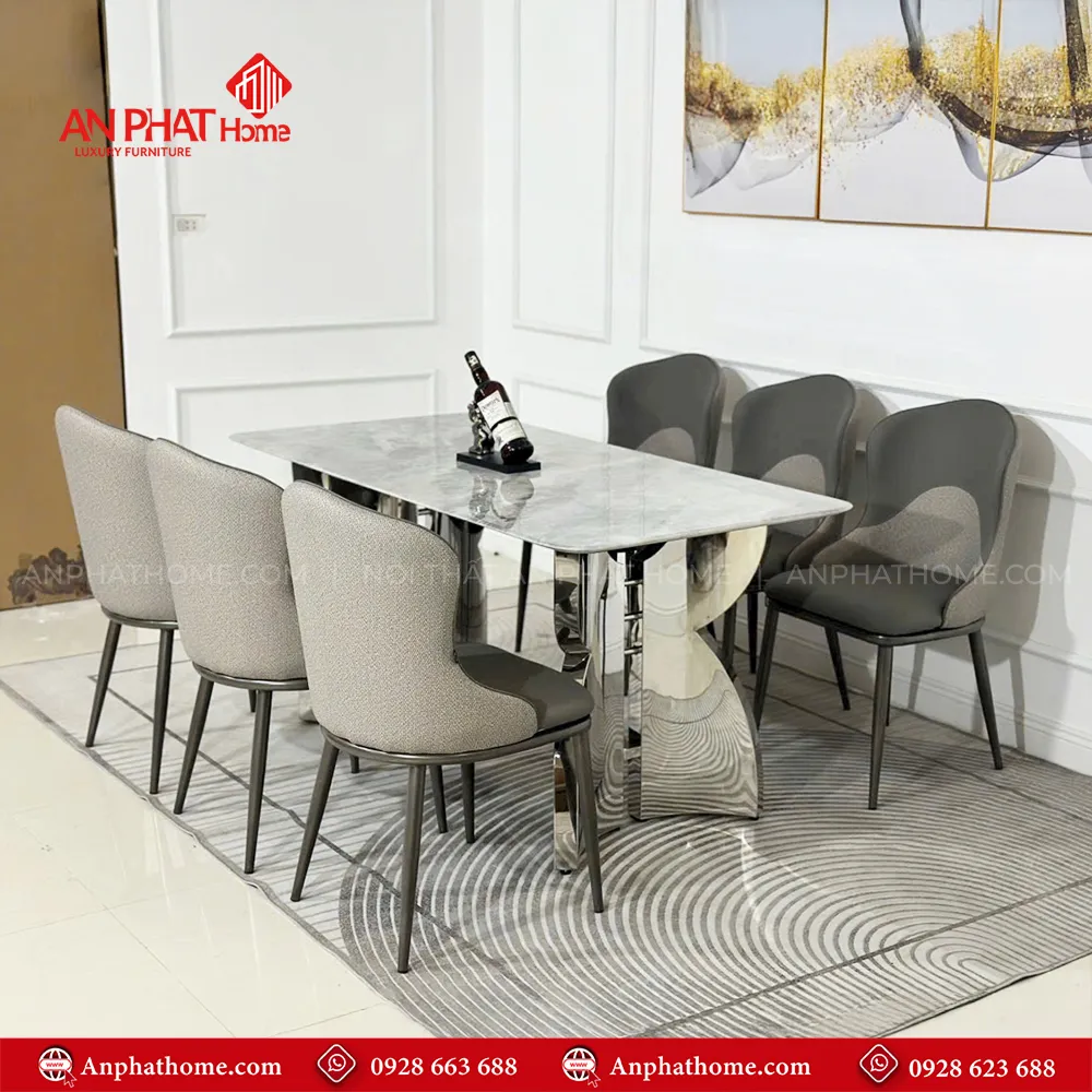 Bộ bàn ghế ăn mặt đá khung inox cao cấp BA-1944 13 Kích thước mặt bàn đa dạng từ 1m40 - 1m80 có thể kết hợp 4 ghế - 8 nghế tùy theo nhu cầu sử dụng