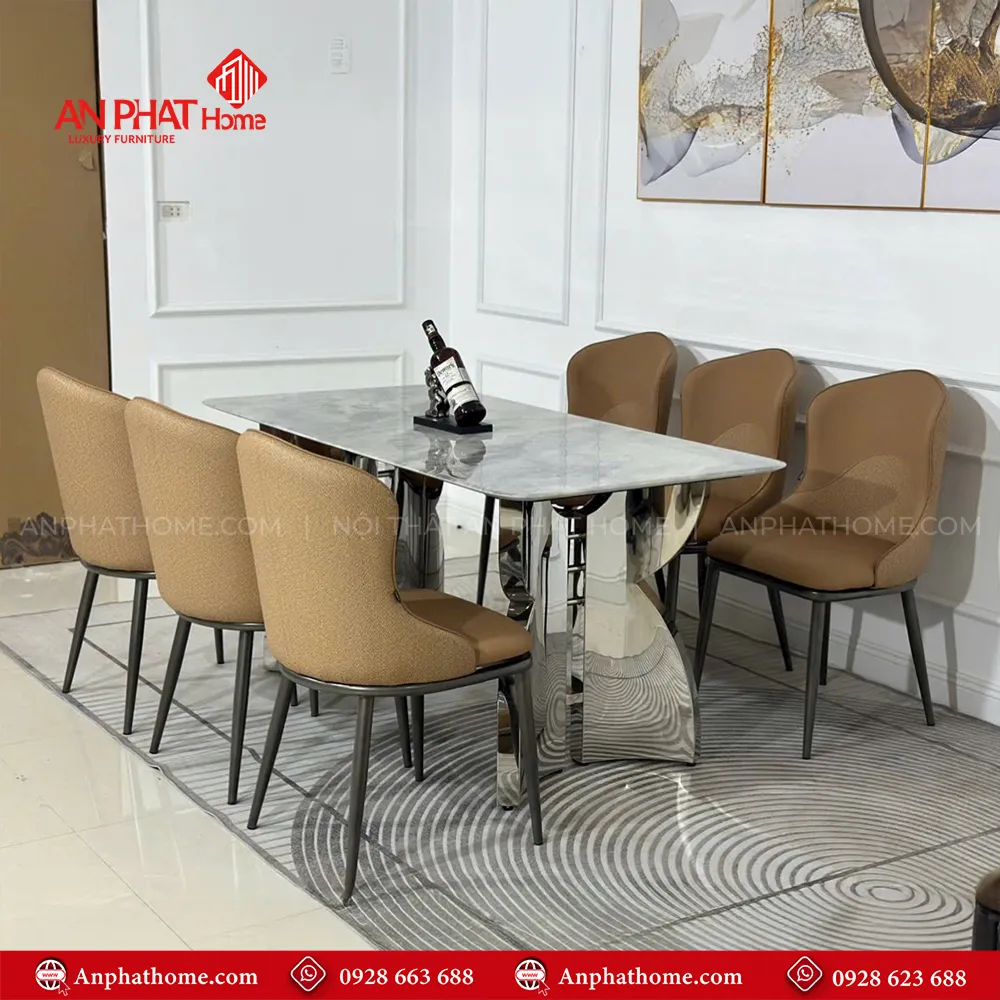 Bộ bàn ghế ăn mặt đá khung inox cao cấp BA-1944 12 Bộ bàn ghế ăn BA-1944 khung inox sang trọng, kết hợp mặt đá thạch anh cao cấp