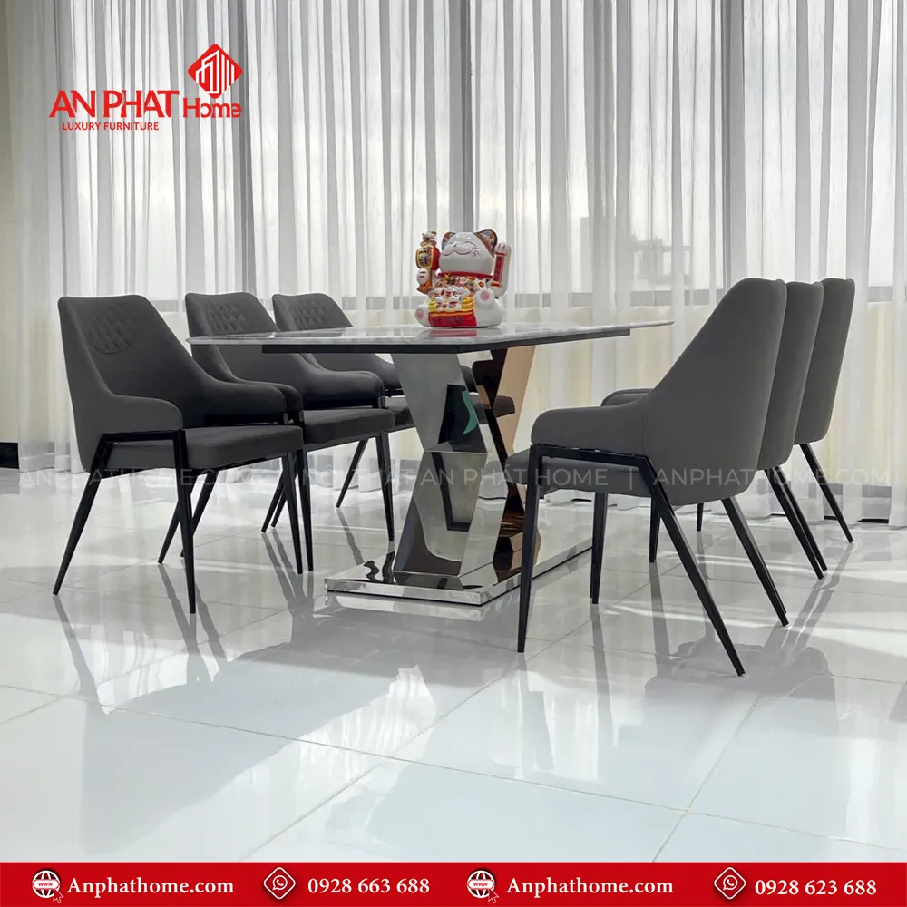 Bộ bàn ghế ăn mặt đá khung inox hiện đại BA-1949 15 Bàn ăn BA-1949 có thể ngồi từ 6 - 8 người tùy theo nhu cầu sưe dụng có thể mua thêm ghế