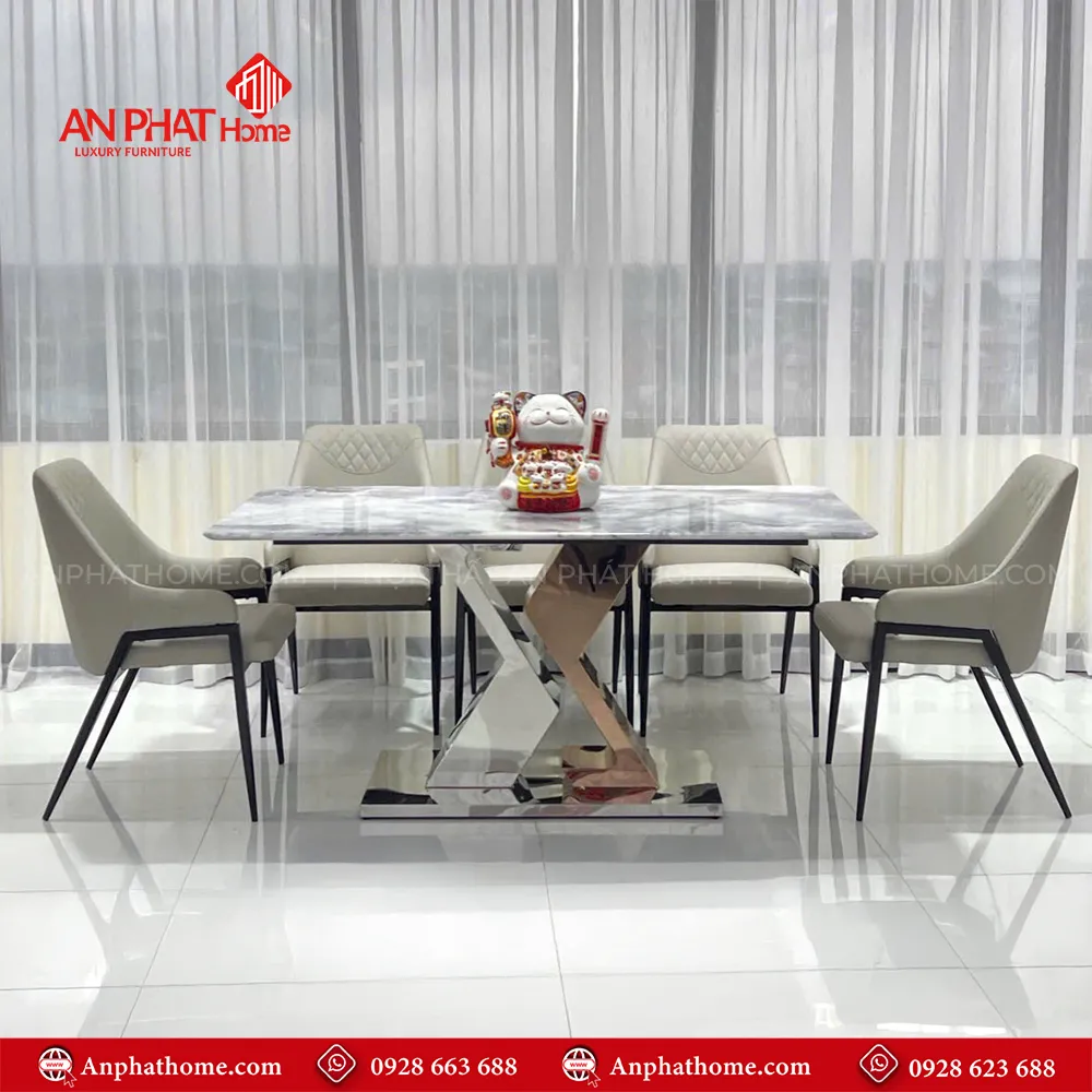 Bộ bàn ghế ăn mặt đá khung inox hiện đại BA-1949 13 Bộ bàn ghế ăn mặt đá khung inox hiện đại BA-1949