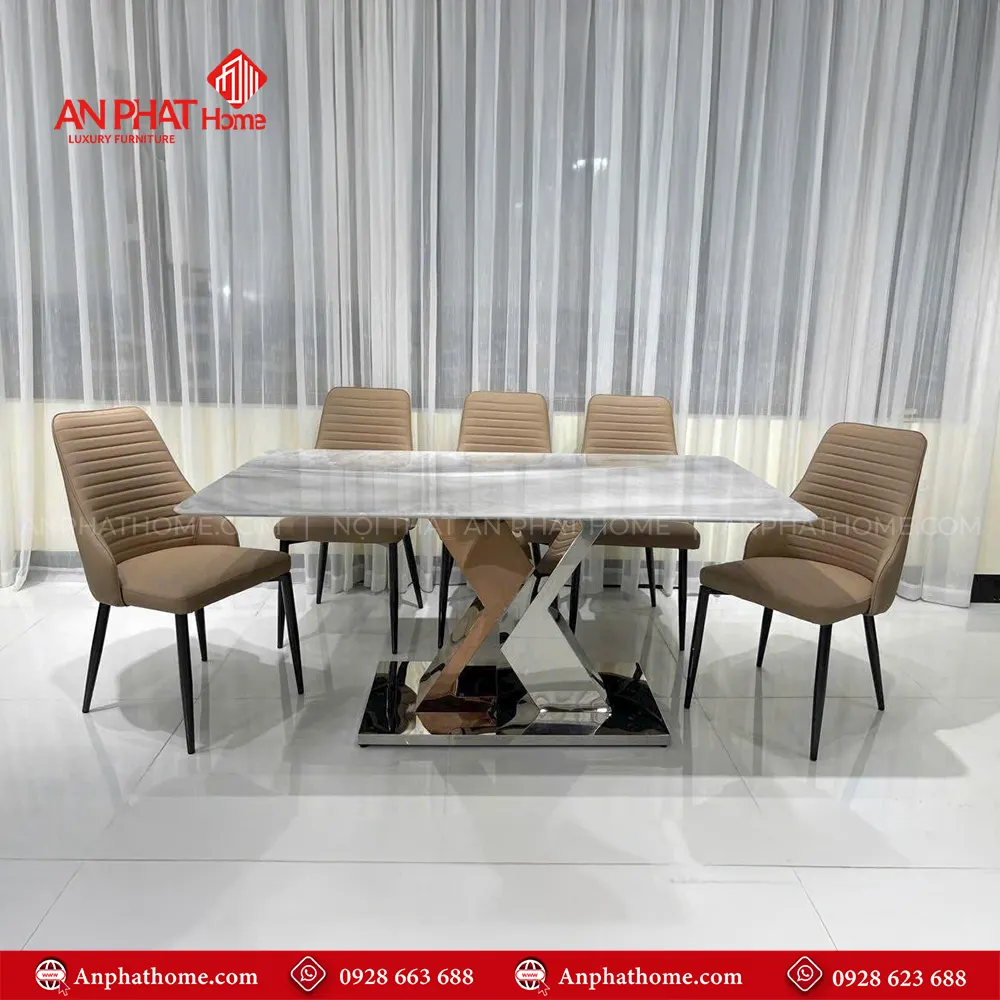 Bộ bàn ghế ăn mặt đá nhập khẩu BA-2018 11 Bộ bàn ghế ăn mặt đá nhập khẩu BA-2018, Mặt đá Thạch Anh kết hợp sự sang trọng của inox và sự yêm ai của da Microfiber nhập khẩu