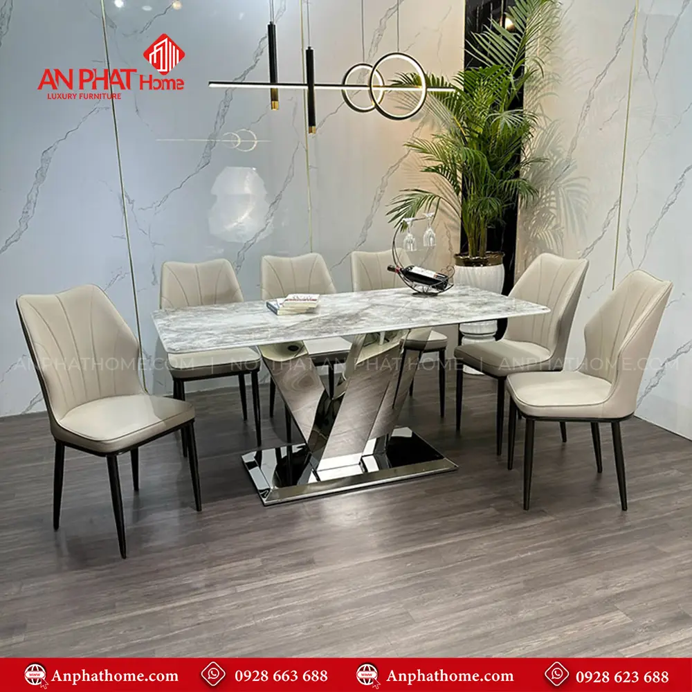 Bộ bàn ghế ăn mặt đá thạch anh cao cấp BA-1976 10 Chân bàn thiết kế vô cùng sang trọng, mặt bàn đá thạch anh với nhiều kích thước đa dạng từ 1m40 - 2m20 quý khách có thể lựa chọn mua thêm số lượng ghế, tùy theo nhu cầu sử dụng.