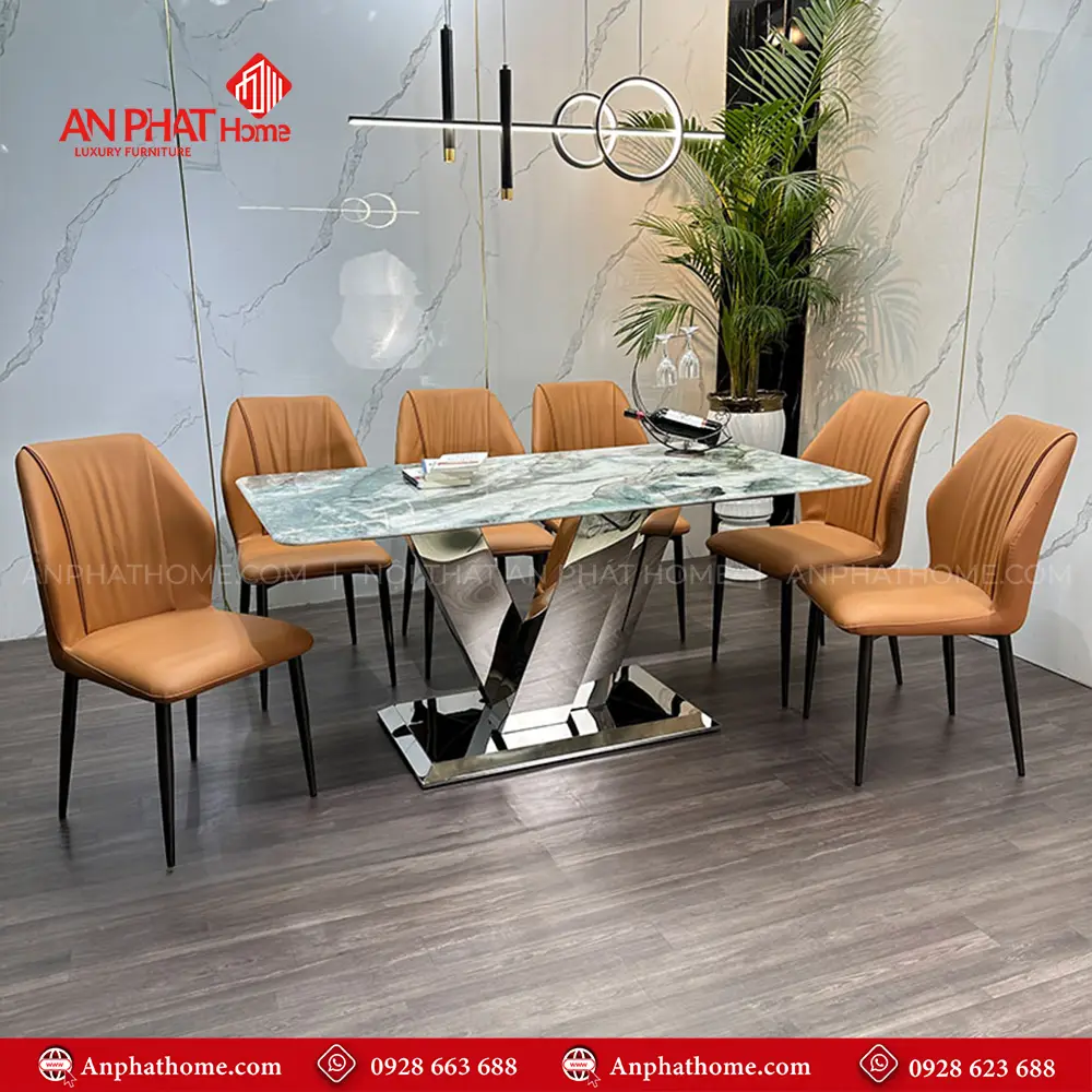Bộ bàn ghế ăn mặt đá thạch anh cao cấp BA-1976 9 Bộ bàn ghế ăn mặt đá thạch anh cao cấp BA-1976, Mặt đá Thạch Anh kết hợp sự sang trọng của inox và sự yêm ai của da Microfiber nhập khẩu