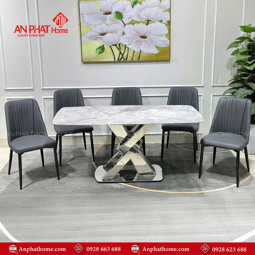 Bộ bàn ghế ăn mặt đá thạch anh chân inox BA-1998 11 Bộ bàn ghế ăn mặt đá thạch anh chân inox BA-1998, Mặt bàn đá thạch anh,Khung inox 6 ghế bọc da Microfiber cao cấp