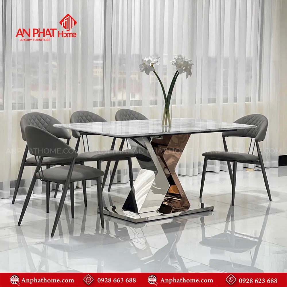 Bộ bàn ghế ăn mặt đá thạch anh hiện đại BA-1955 11 Bàn ăn BA-1949 có thể ngồi từ 6 – 8 người tùy theo nhu cầu sử dụng có thể mua thêm ghế