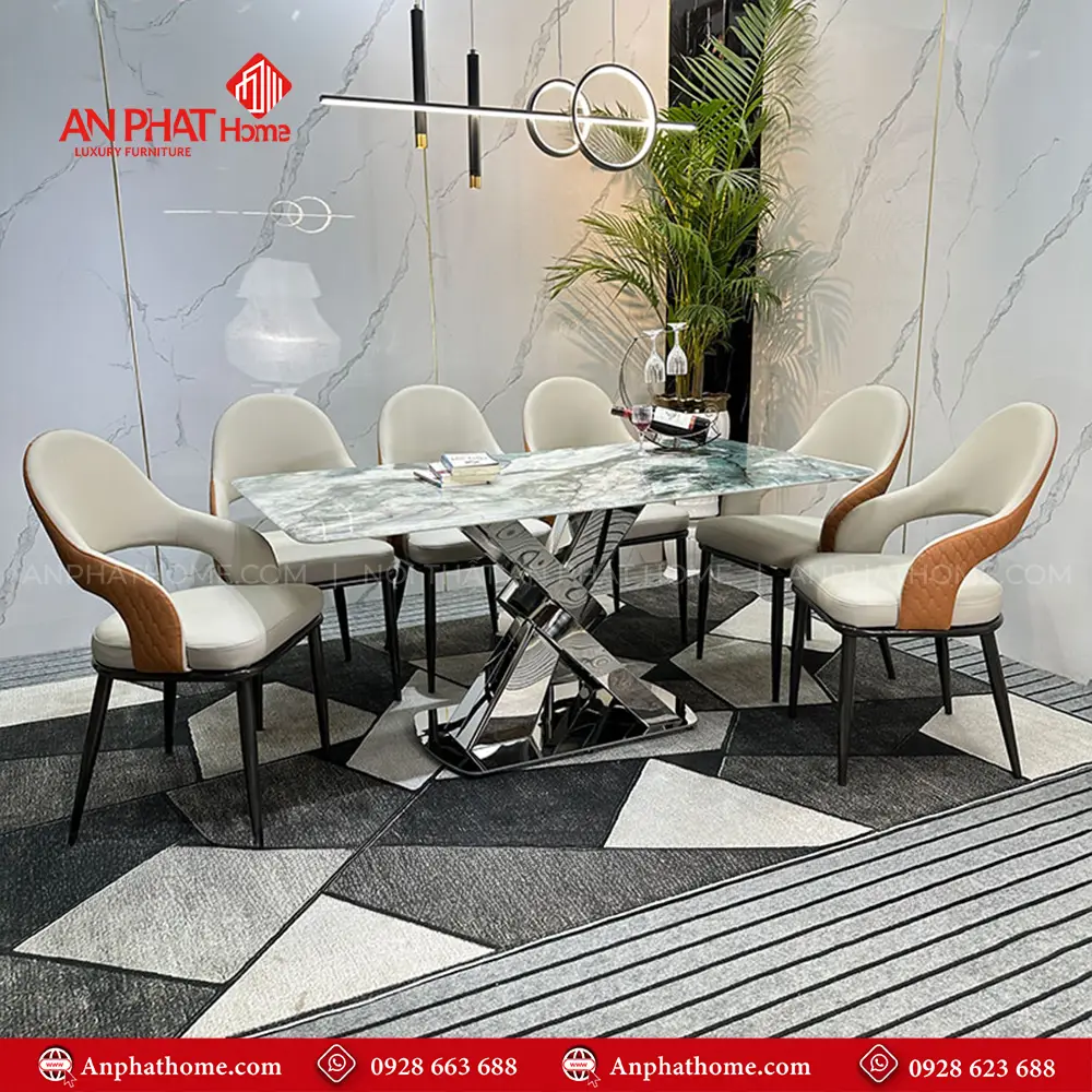 Bộ bàn ghế ăn mặt đá thạch anh khung inox nhập khẩu BA-1978 9 Bộ bàn ghế ăn mặt đá thạch anh khung inox nhập khẩu BA-1978, Mặt đá Thạch Anh kết hợp sự sang trọng của inox và sự yêm ai của da Microfiber nhập khẩu